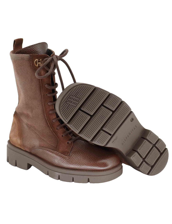 Stivaletti anfibi donna in pelle e tessuto marrone con suola carrarmato HI254234 C004 Hispanitas 