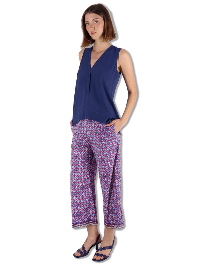 Pantaloni donna Floral Spin in cotone stampato a fantasia blu JH805815215 D8089 Maliparmi 