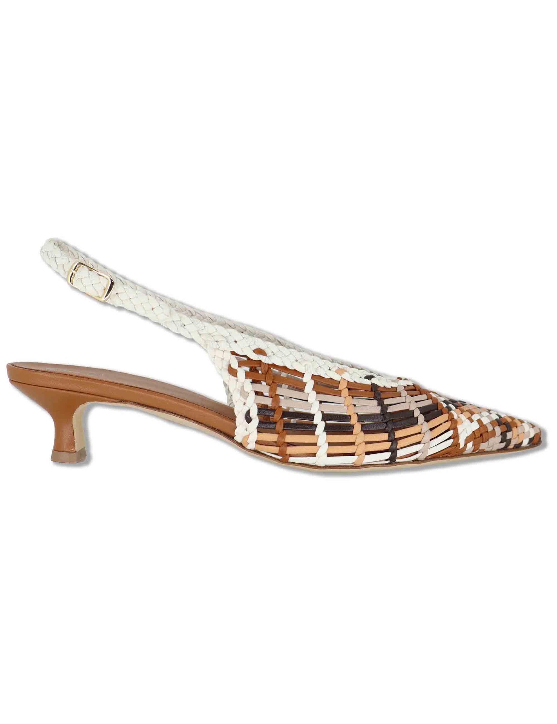 Decollete slingback donna in pelle intrecciata cuoio con tacco basso e punta a punta CH2657/RT CV300 L'Arianna 