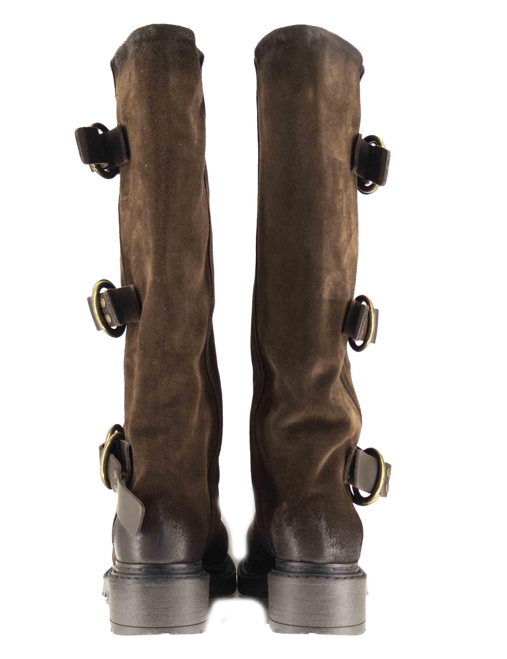 Stivali anfibi donna in camoscio marrone ingrassato con fibbie laterali SPMA2460 014 Spatarella 