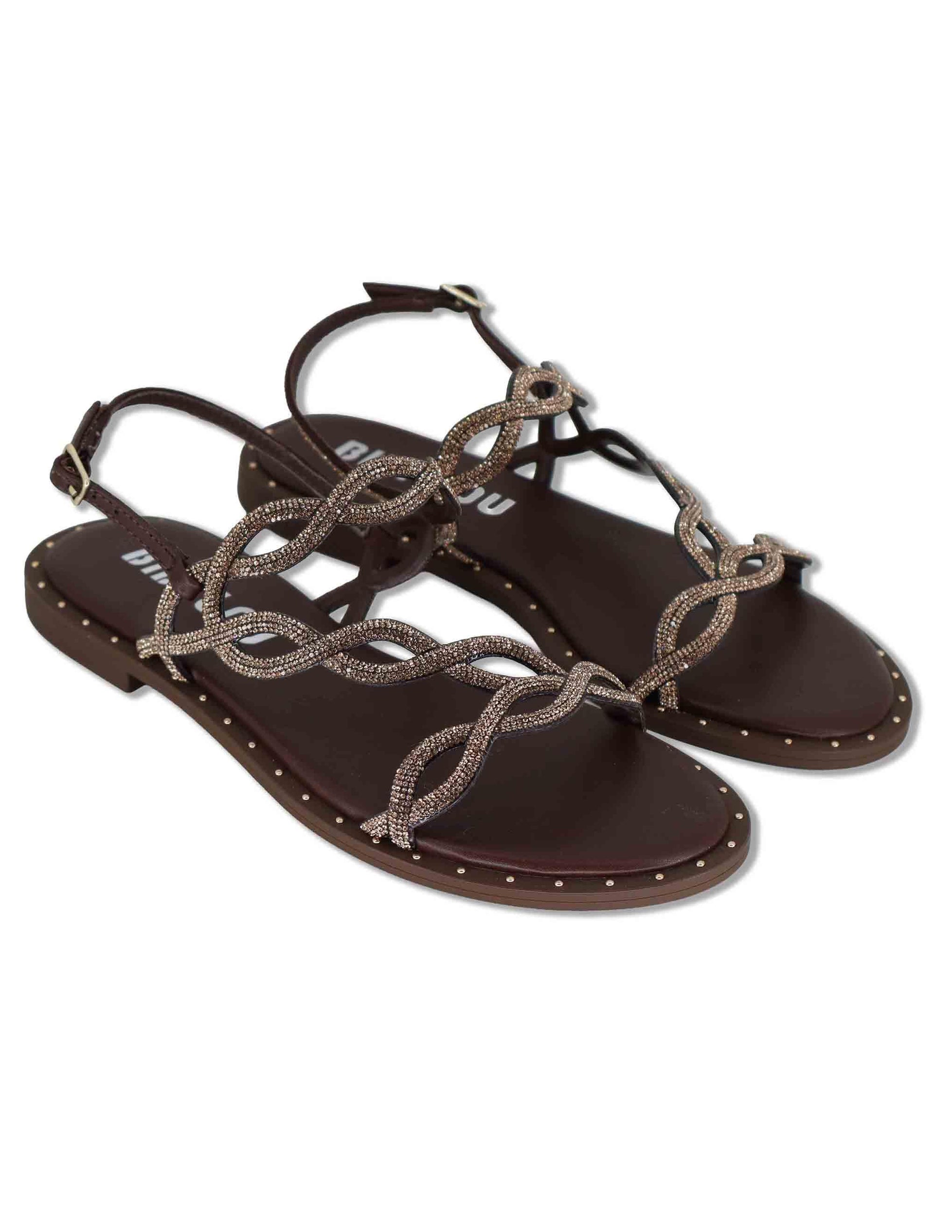 Sandali flat donna in pelle e strass oro con cinturino regolabile Illion 888Z00HG 90-MARRON Bibi Lou 