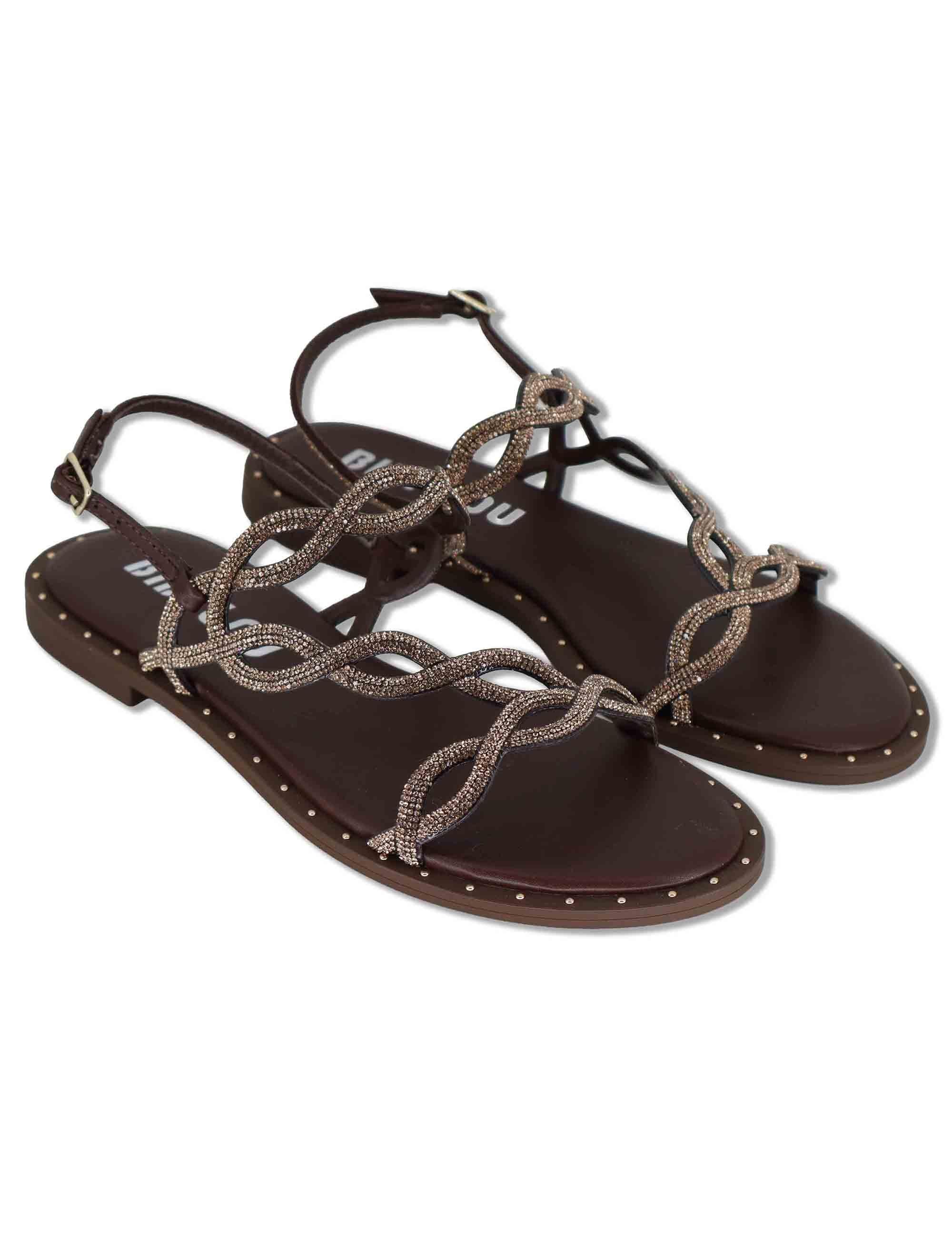 Sandali flat donna in pelle e strass oro con cinturino regolabile Illion 888Z00HG 90-MARRON Bibi Lou 