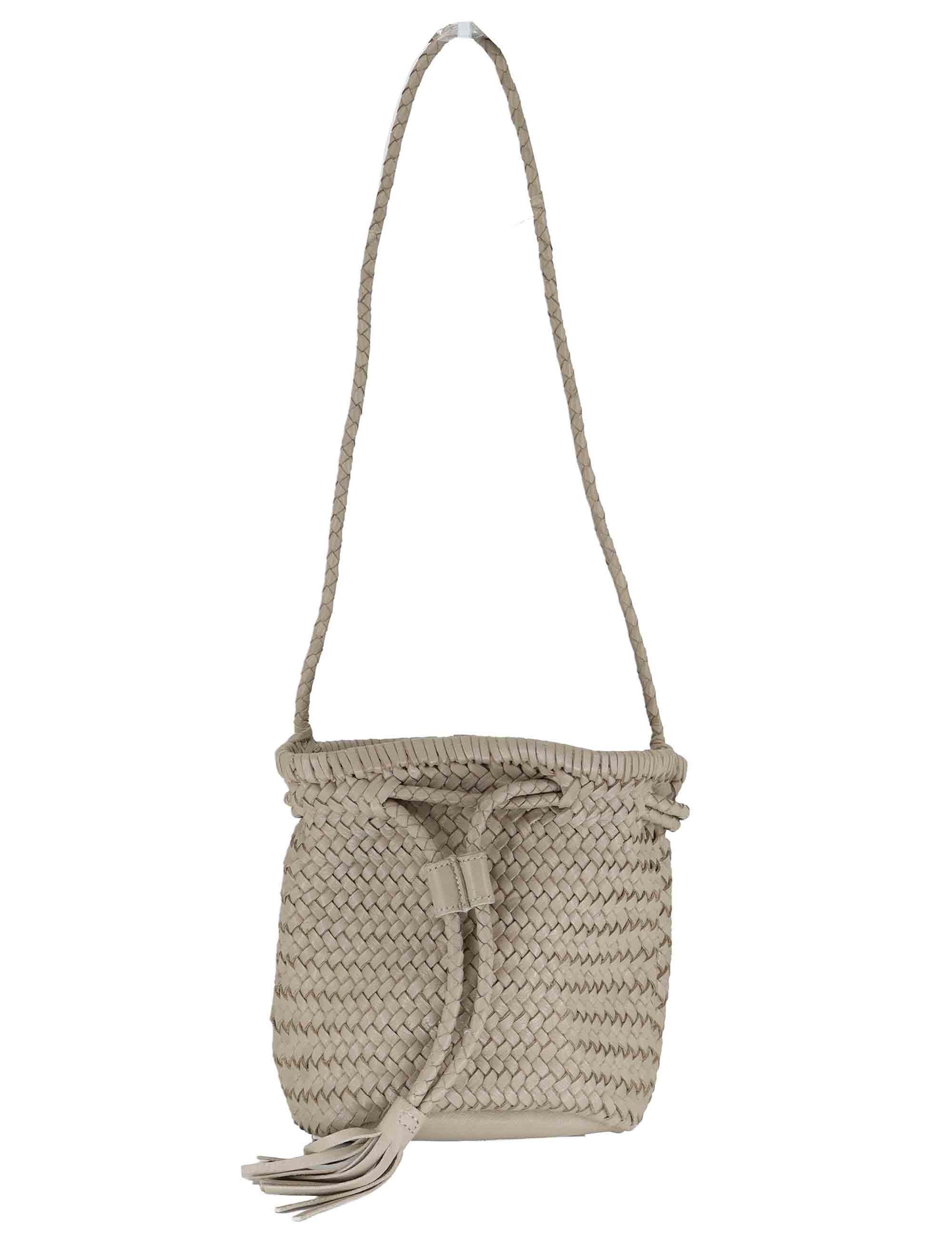 Borse donna a secchiello in pelle intrecciata sabbia con tracolla e chiusura coulisse RBS1105 052 Rehard 