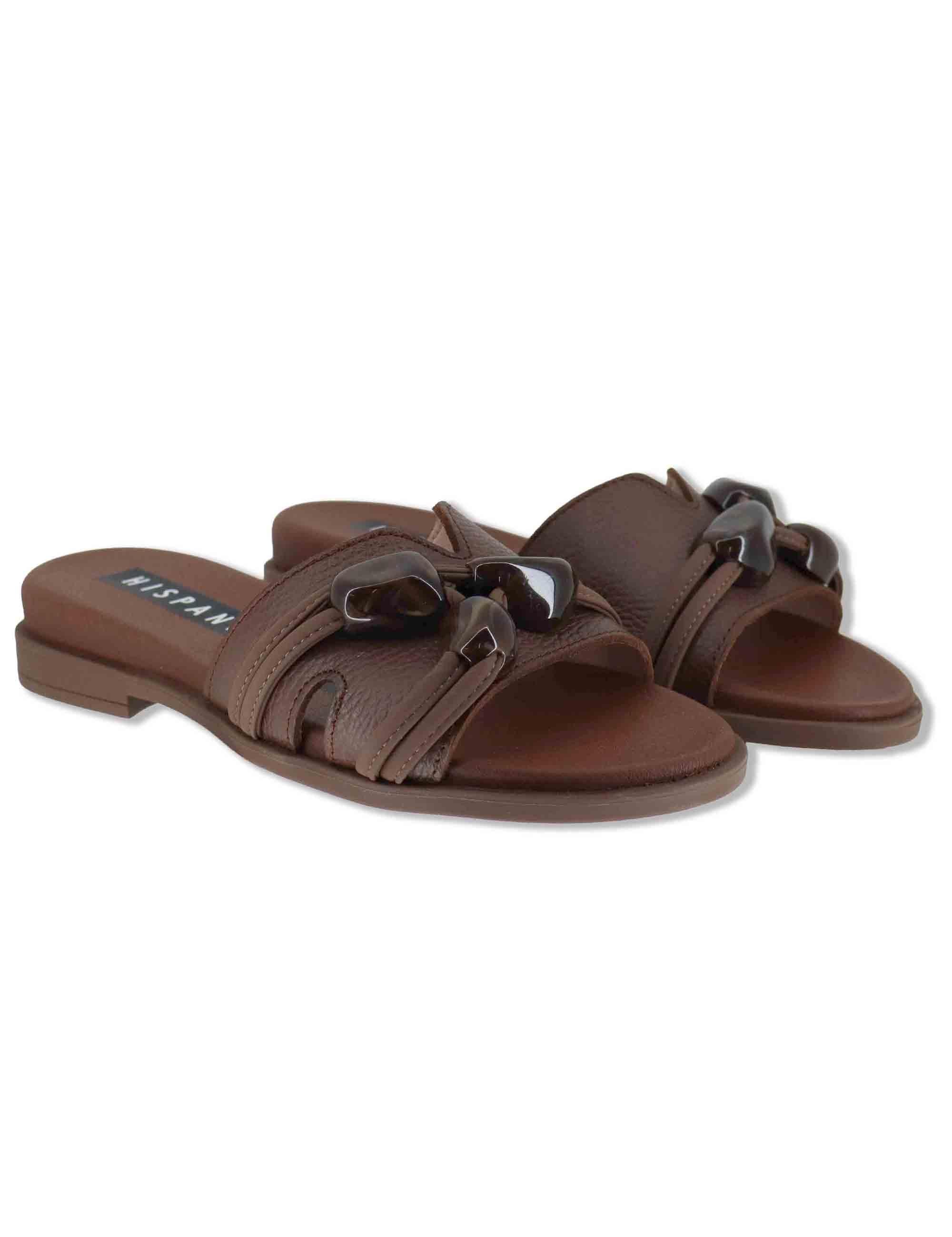 Sandali bassi donna in pelle cuoio e laminata con sottopiede imbottito HV264683 AVELLANA Hispanitas 