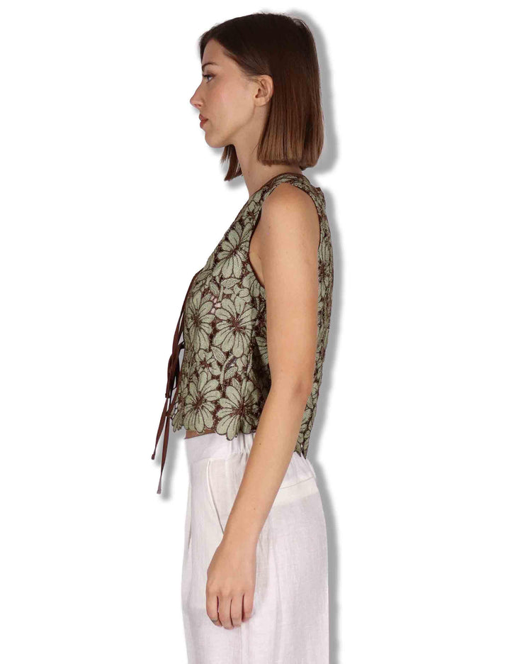 Gilet donna in macrame verde ricami floreali e nappine JABGI0001-F1504-1251 7046 Justmine 