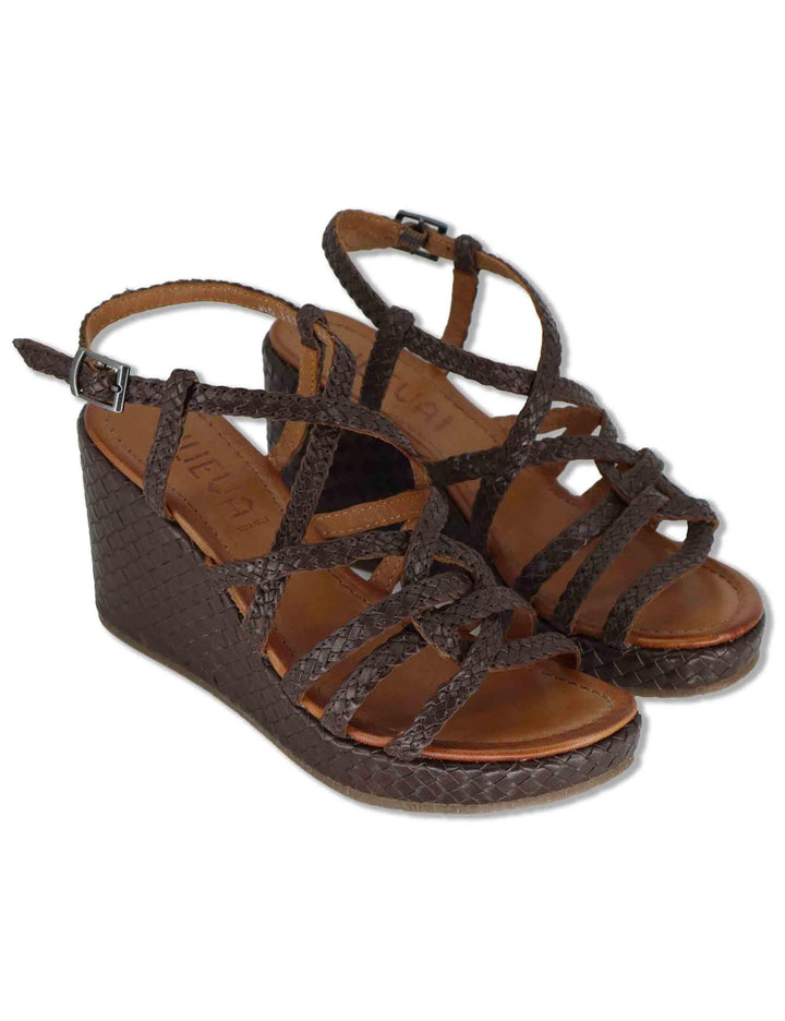 Sandali donna in pelle intrecciata marrone con zeppa alta WD319R29 500011 Vueva 