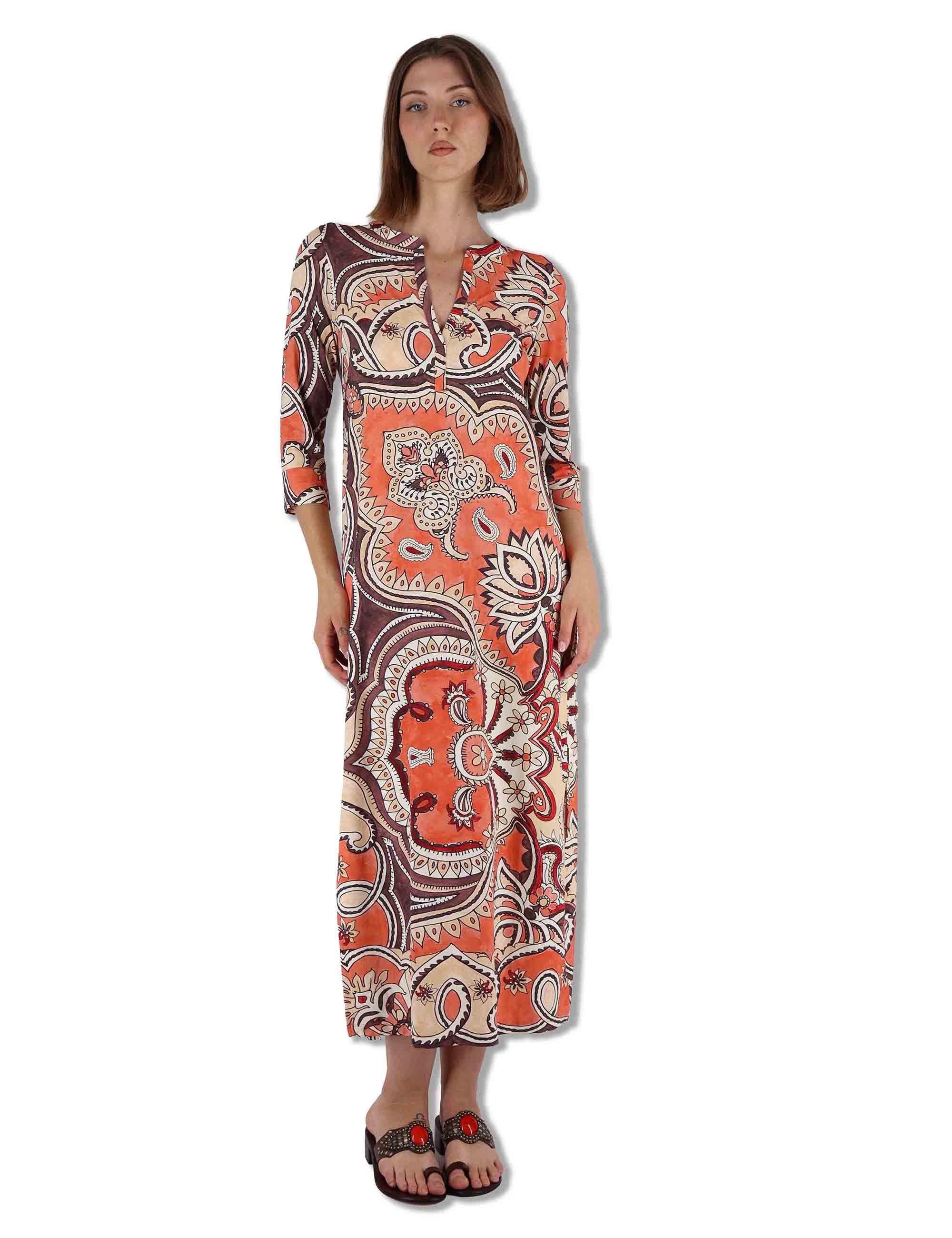 Abiti donna kaftani Hippie Lotus in tessuto bianco a fantasia con maniche 3/4 JF667370671 B3107 Maliparmi 