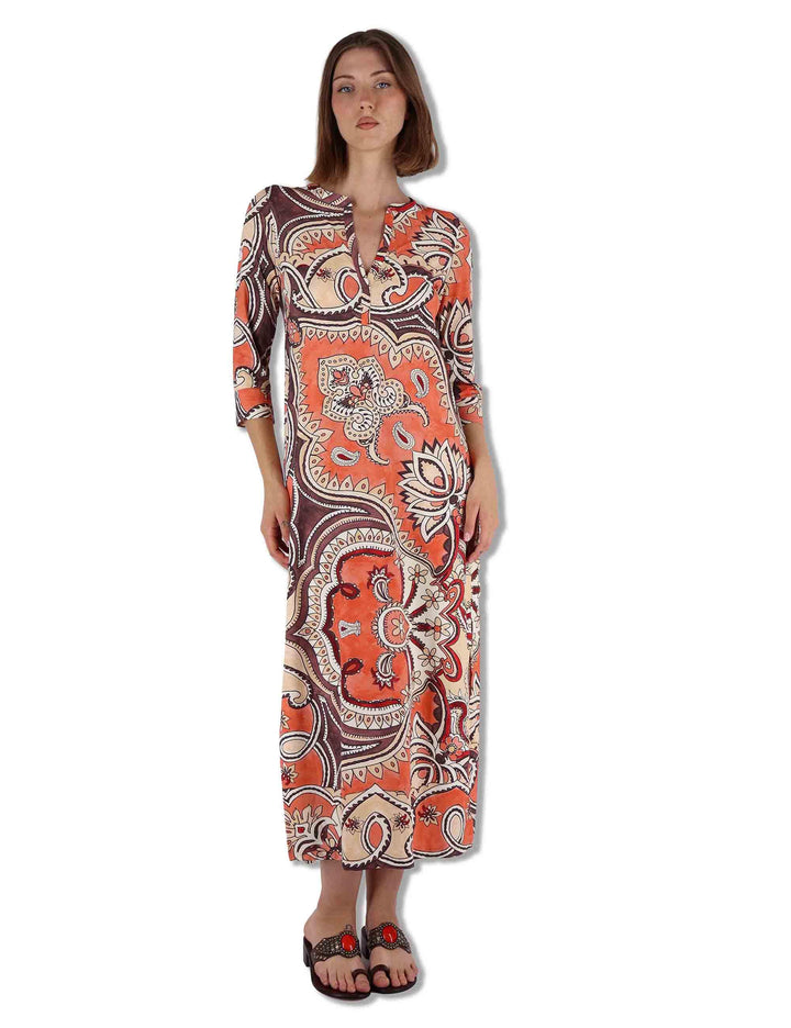 Abiti donna kaftani Hippie Lotus in tessuto bianco a fantasia con maniche 3/4 JF667370671 B3107 Maliparmi 