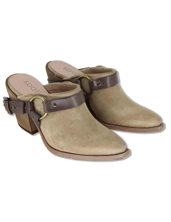 Sabot texani donna in camoscio taupe con tacco alto e cinturone SPXD878 029 Spatarella 