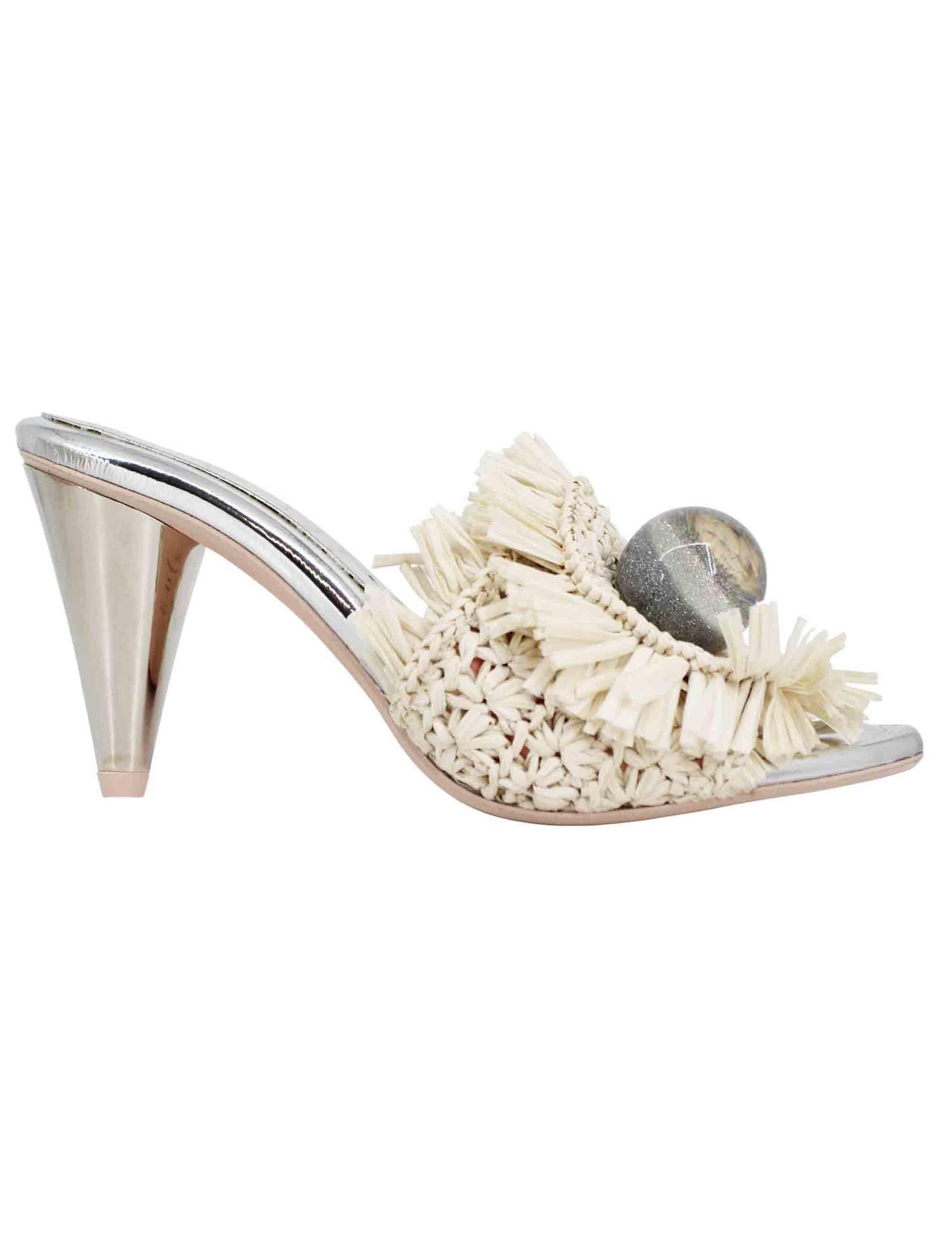 Sandali donna in rafia beige con gioiello e tacco alto in argento 7561 029 Ras 