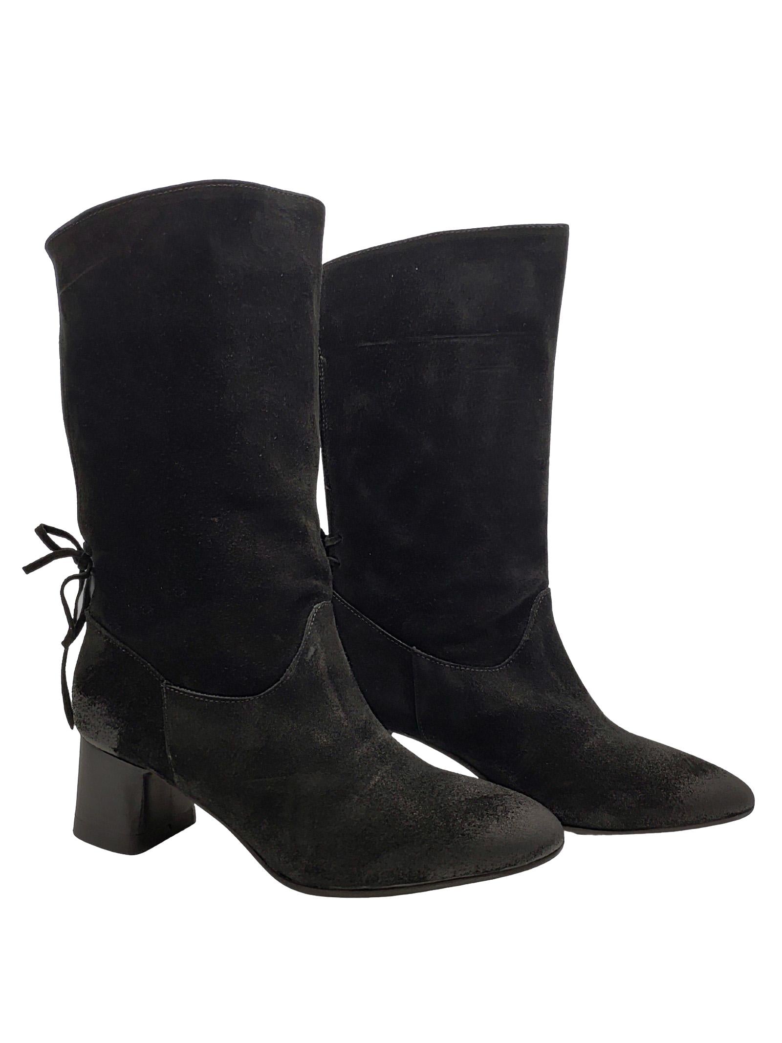 Calzature Donna Stivaletti In Pelle Scamosciata Nera Ingrassata Con Fiocco Posteriore e Tacco EB81 NERO Spatarella 