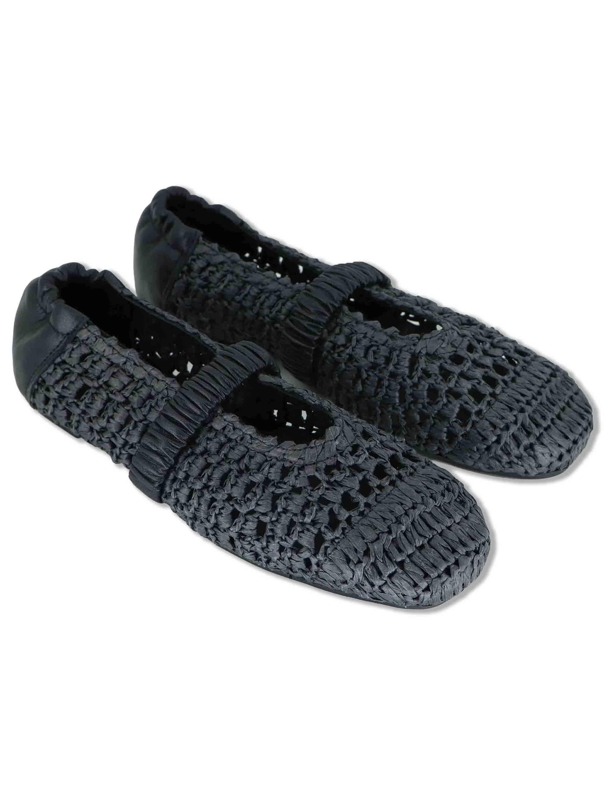 Ballerine donna in rafia nera intrecciata con elastico in pelle e tacco basso SP251400 001 Spatarella 