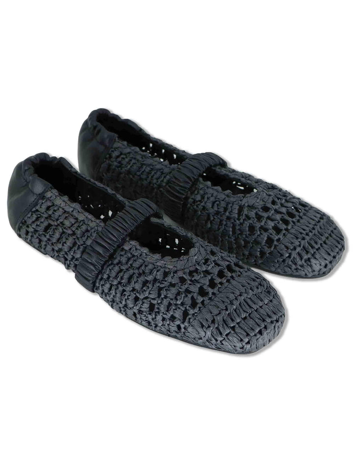 Ballerine donna in rafia nera intrecciata con elastico in pelle e tacco basso SP251400 001 Spatarella 