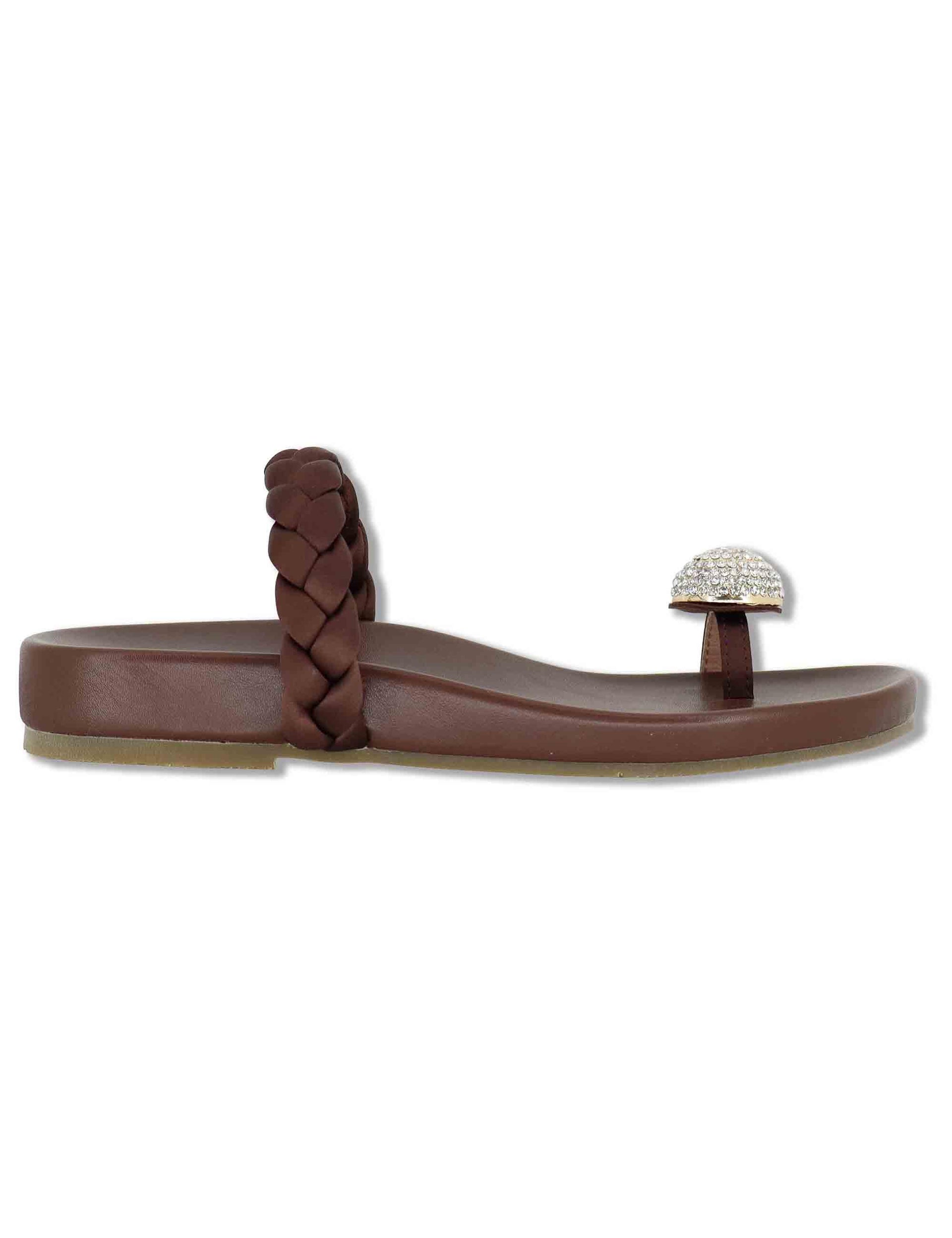 Sandali donna infradito in pelle marrone con pietra gioiello e fubbett basso Balne 880Z80HG 90-MARRON Bibi Lou 
