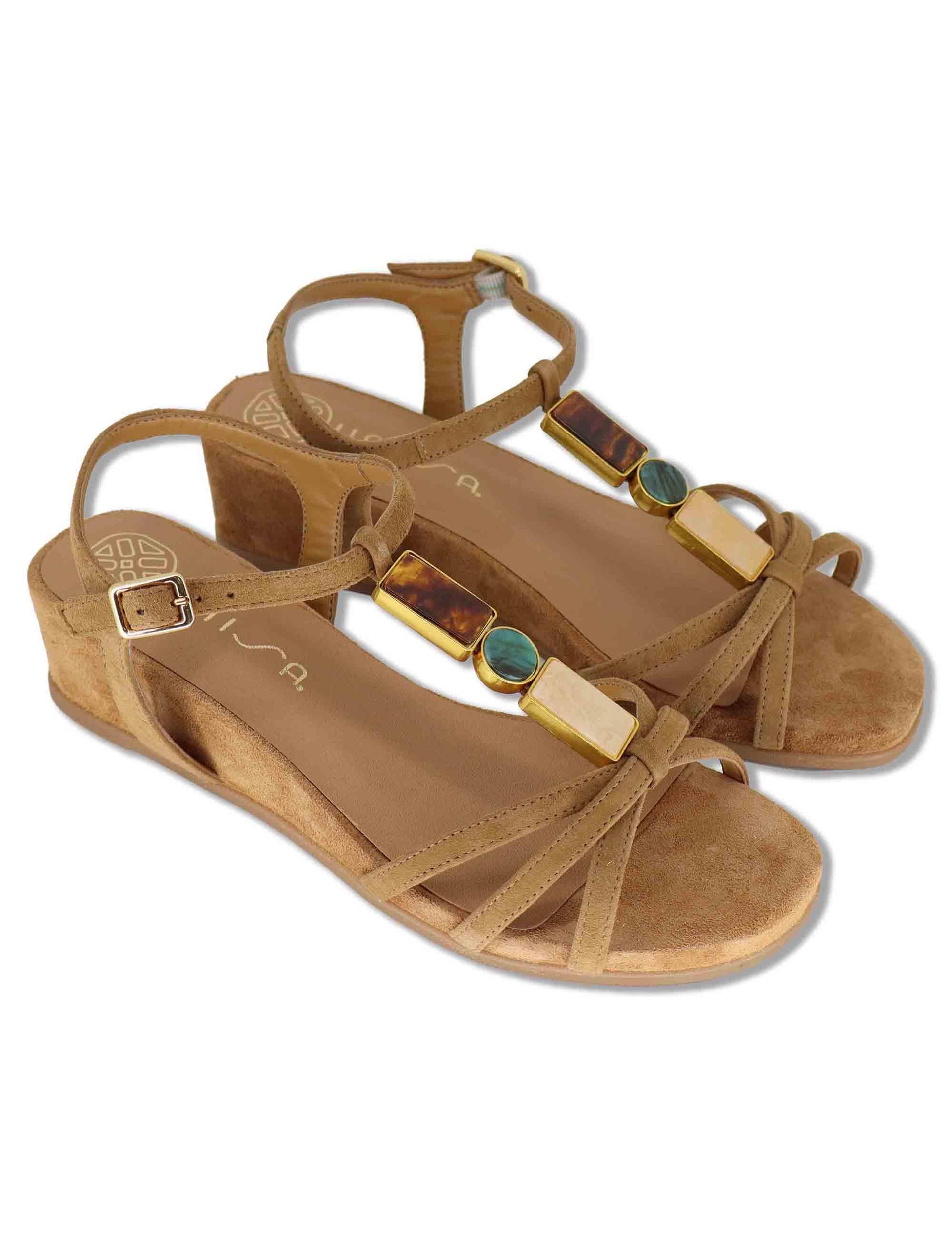 Sandali donna in camoscio cuoio con pietre e zeppa bassa BEDEL KS MISTRAL Unisa 