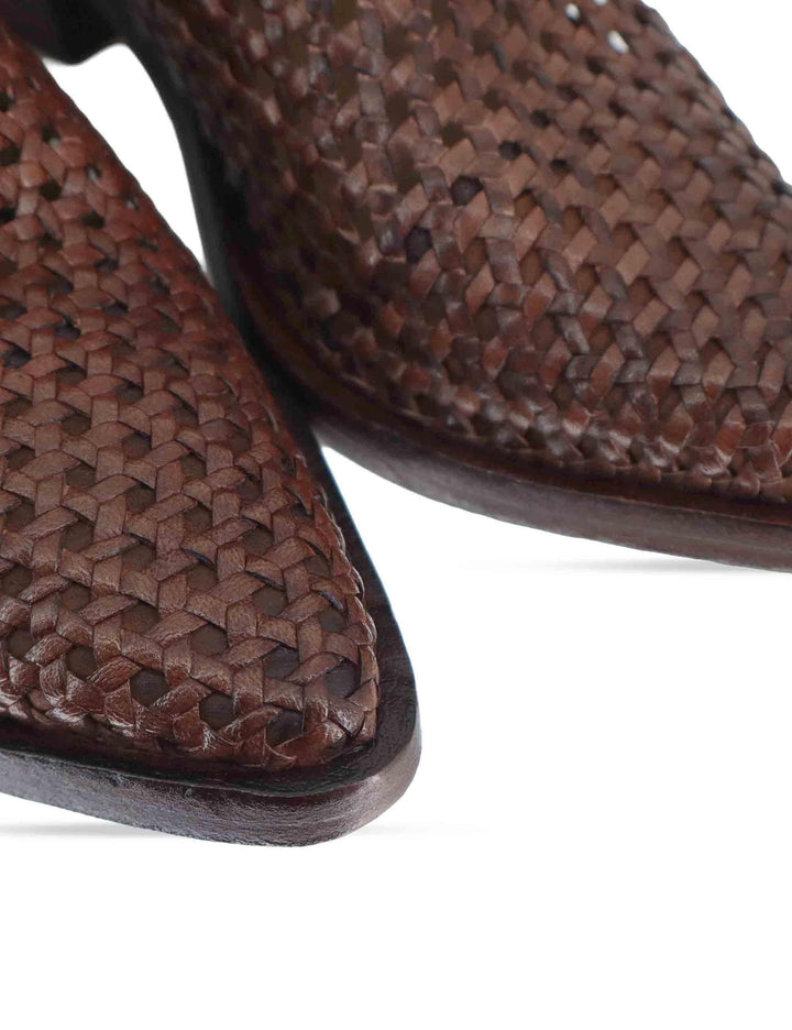 Stivaletti donna in pelle intrecciata cuoio con tacco messicano 261-303-19 BROWN Zolfo 