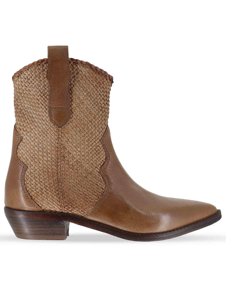 Stivaletti donna in pelle intrecciata cuoio con tacco basso 261-304-14 MOCHA Zolfo 