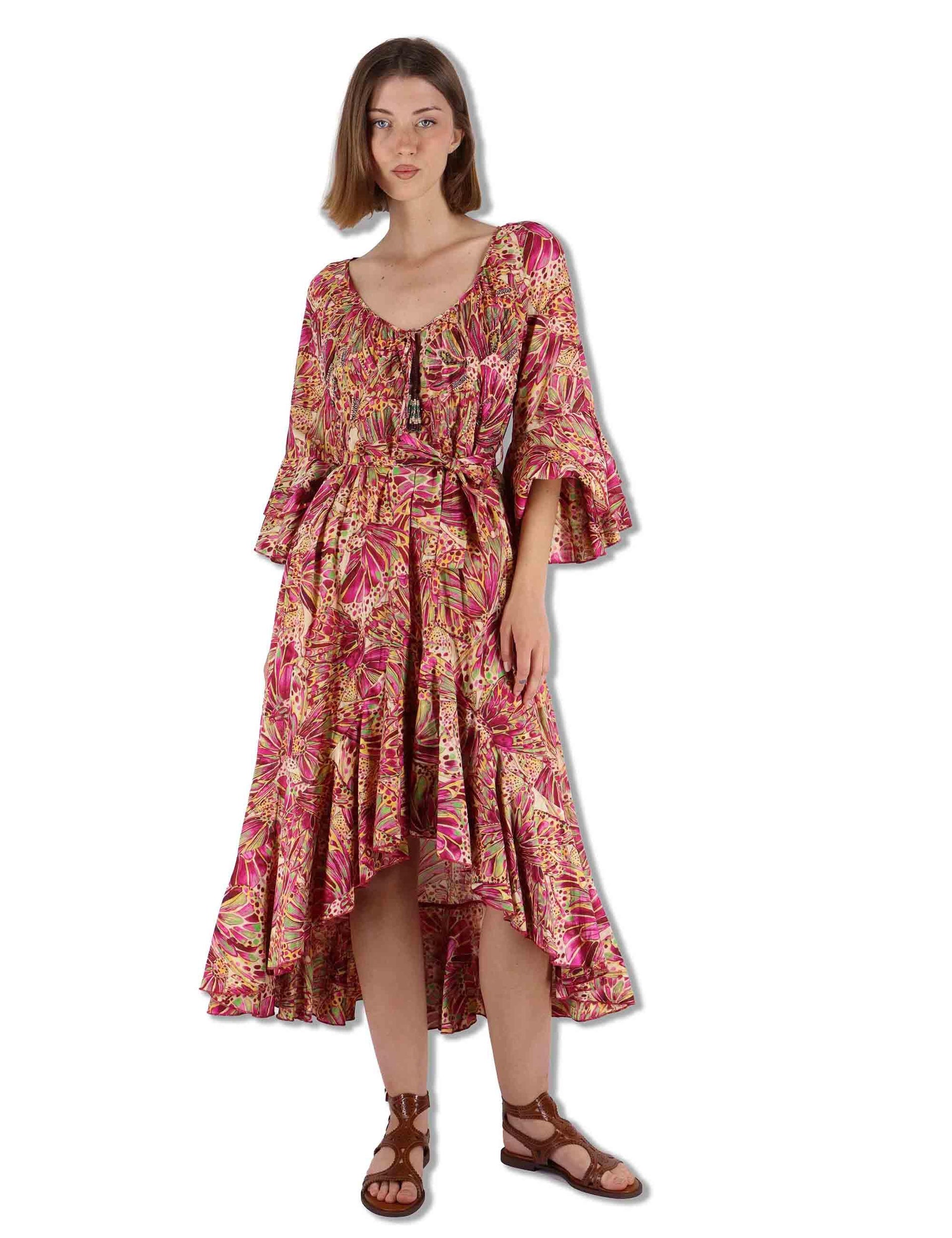 Abiti midi donna Sweet Butterfly in cotone giallo stampato con rouches JF669515217 B7008 Maliparmi 