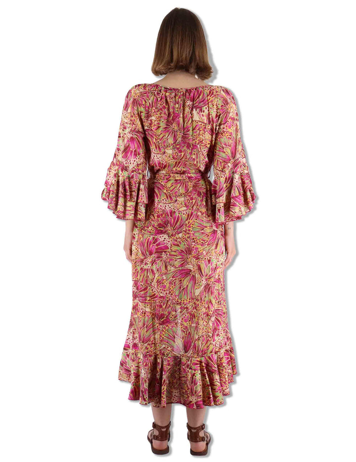 Abiti midi donna Sweet Butterfly in cotone giallo stampato con rouches JF669515217 B7008 Maliparmi 