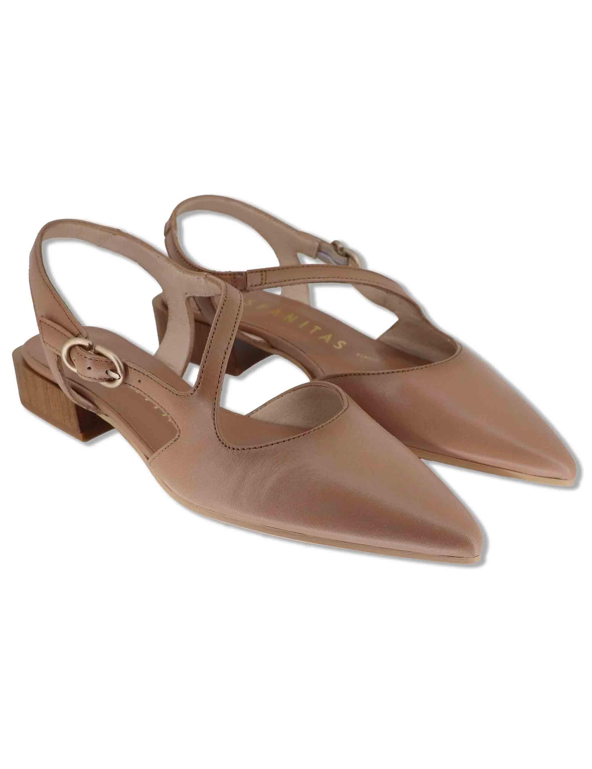 Decollete slingback donna in pelle cuoio con doppi cinturini e tacco basso HV264773 ALMOND Hispanitas 