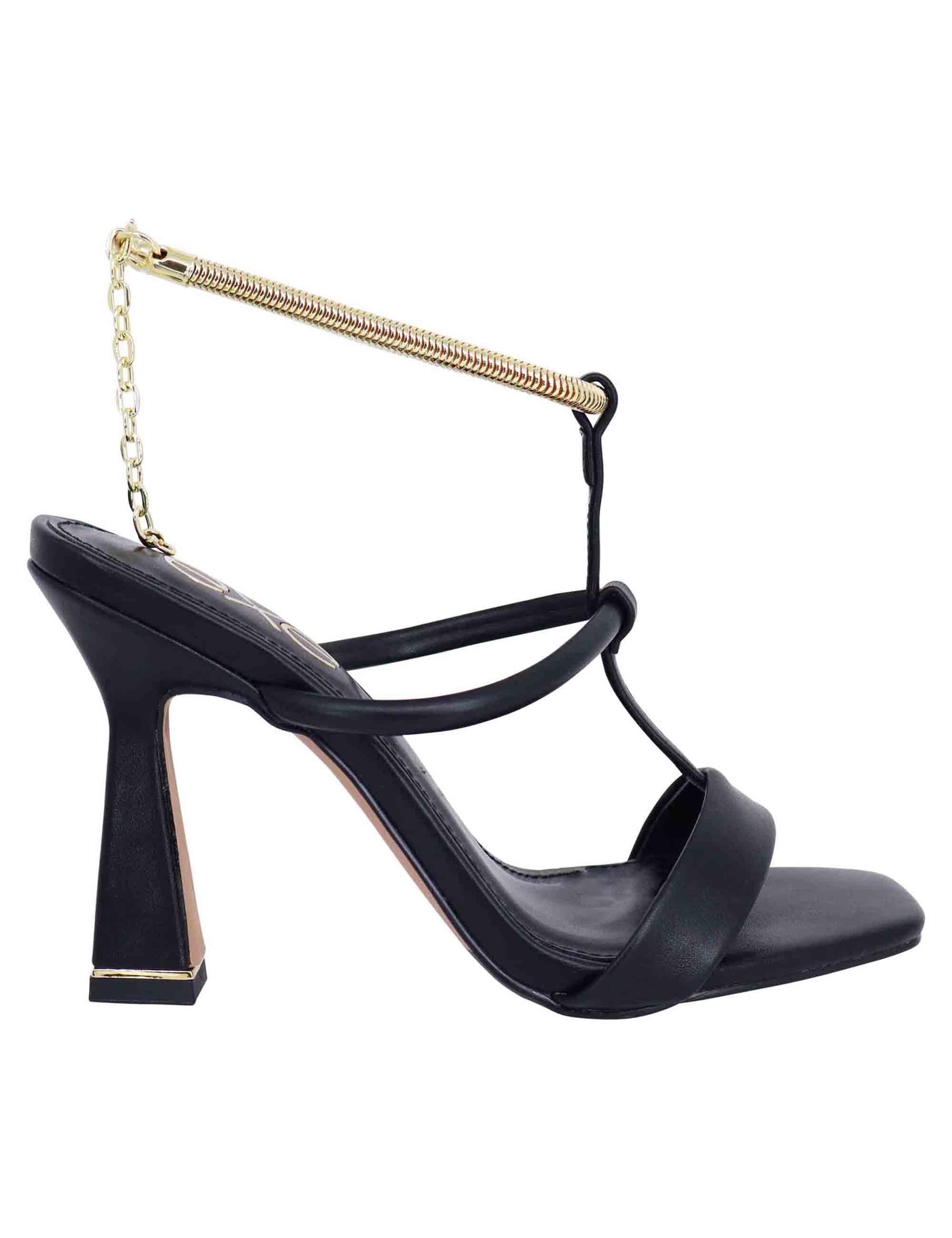 Sandali donna in eco pelle nera con tacco alto e cavigliera morbida in oro S47002545340 245 Exe 