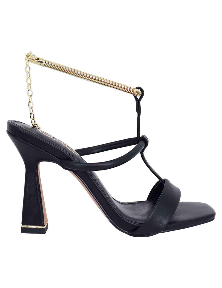 Sandali donna in eco pelle nera con tacco alto e cavigliera morbida in oro S47002545340 245 Exe 