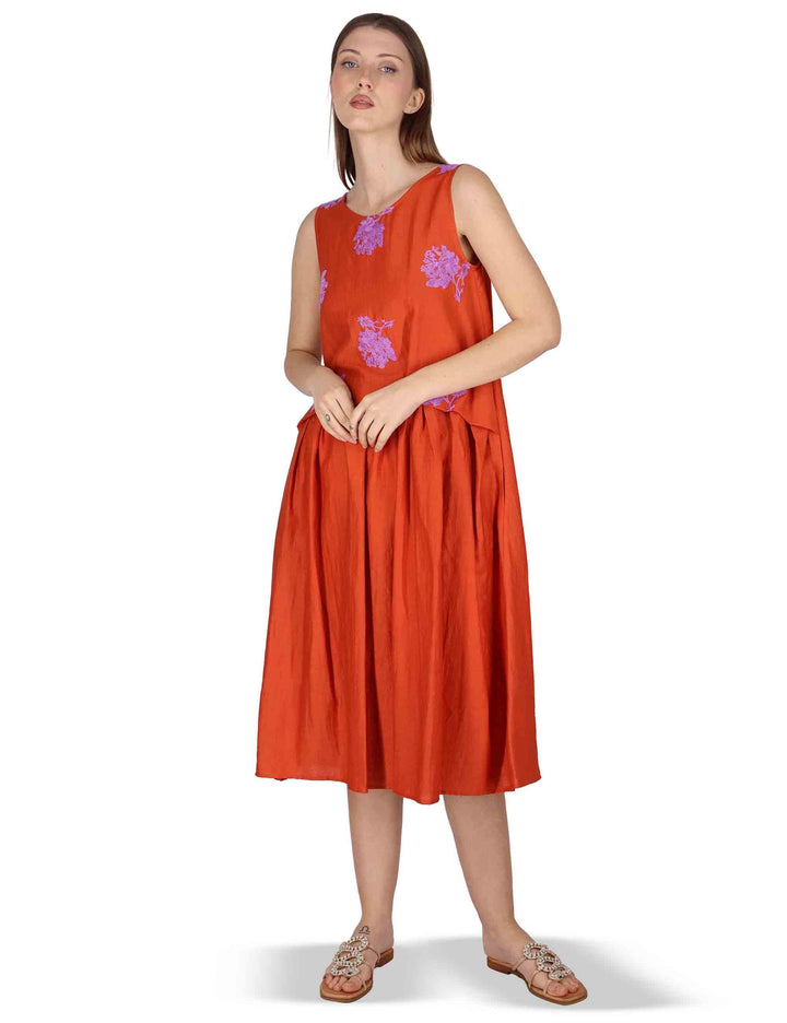 Abito donna Airy Midi Flow in lino rosso con stampa floreale JABAB0001-F1522-1232 2520 Justmine 