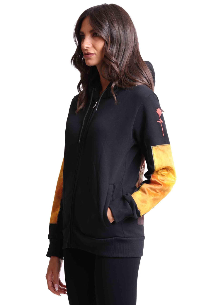 Felpa donna con cappuccio e zip in tessuto nero e stampa in seta ZIP ATENE GOLD Bastille 
