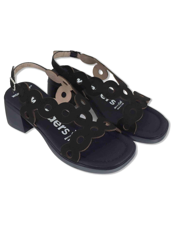 Sandali donna slingback in pelle nera con tacco in gomma ultra soft D-2306 001 Wonders 