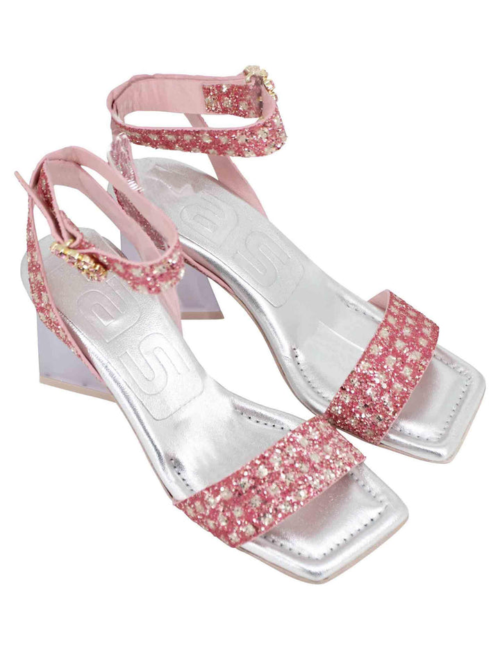 Sandali donna in tessuto rosa con punta quadra e tacco alto 7117 023 Ras 