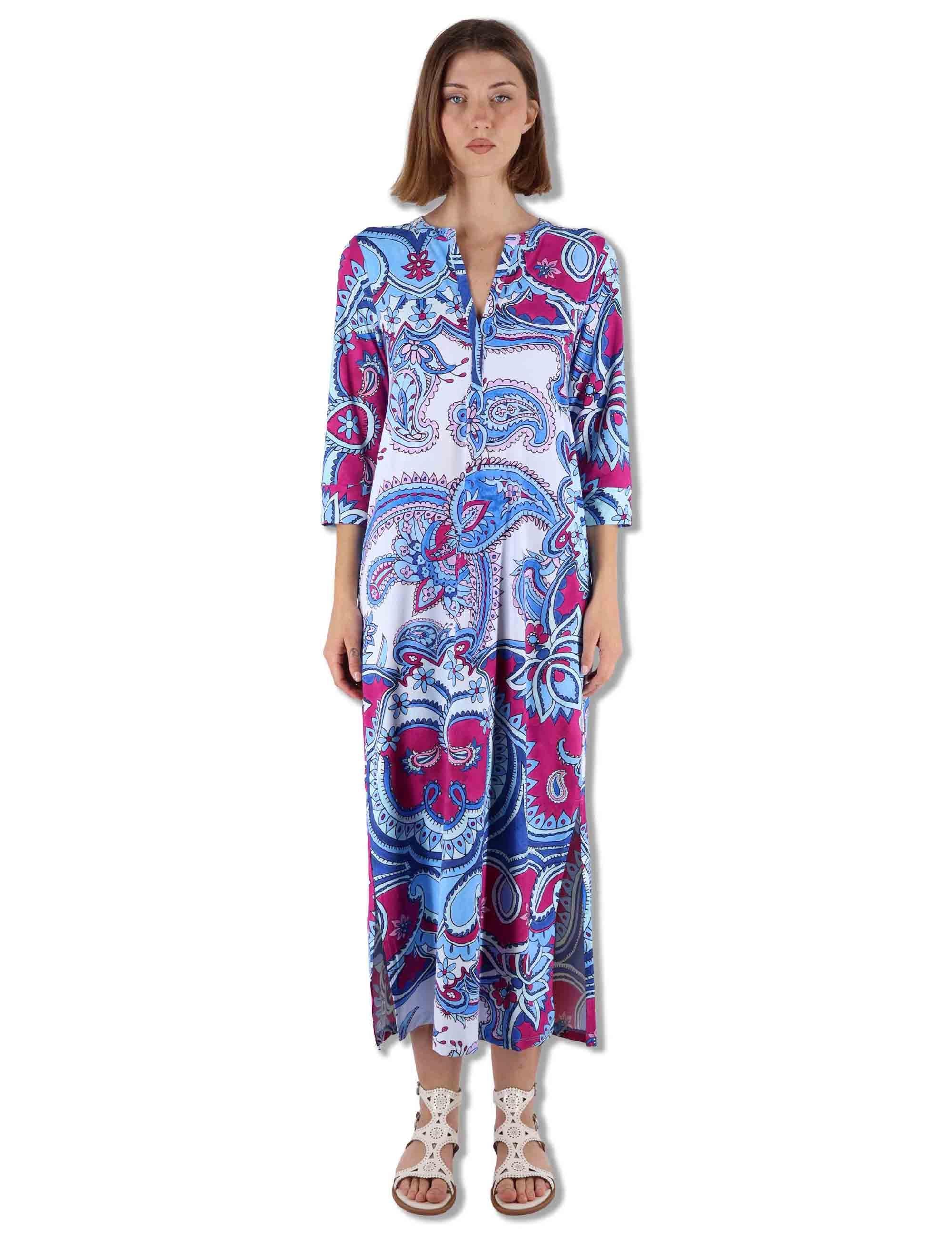 Abiti donna kaftani Hippie Lotus in tessuto azzurro a fantasia con maniche 3/4 JF667370671 A8184 Maliparmi 