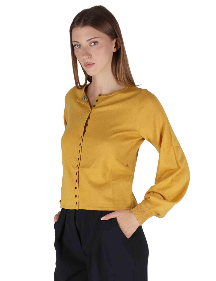 Cardigan donna New Merinos Bland in lana senape a girocollo con bottoncini JN369778199 70013 Maliparmi 