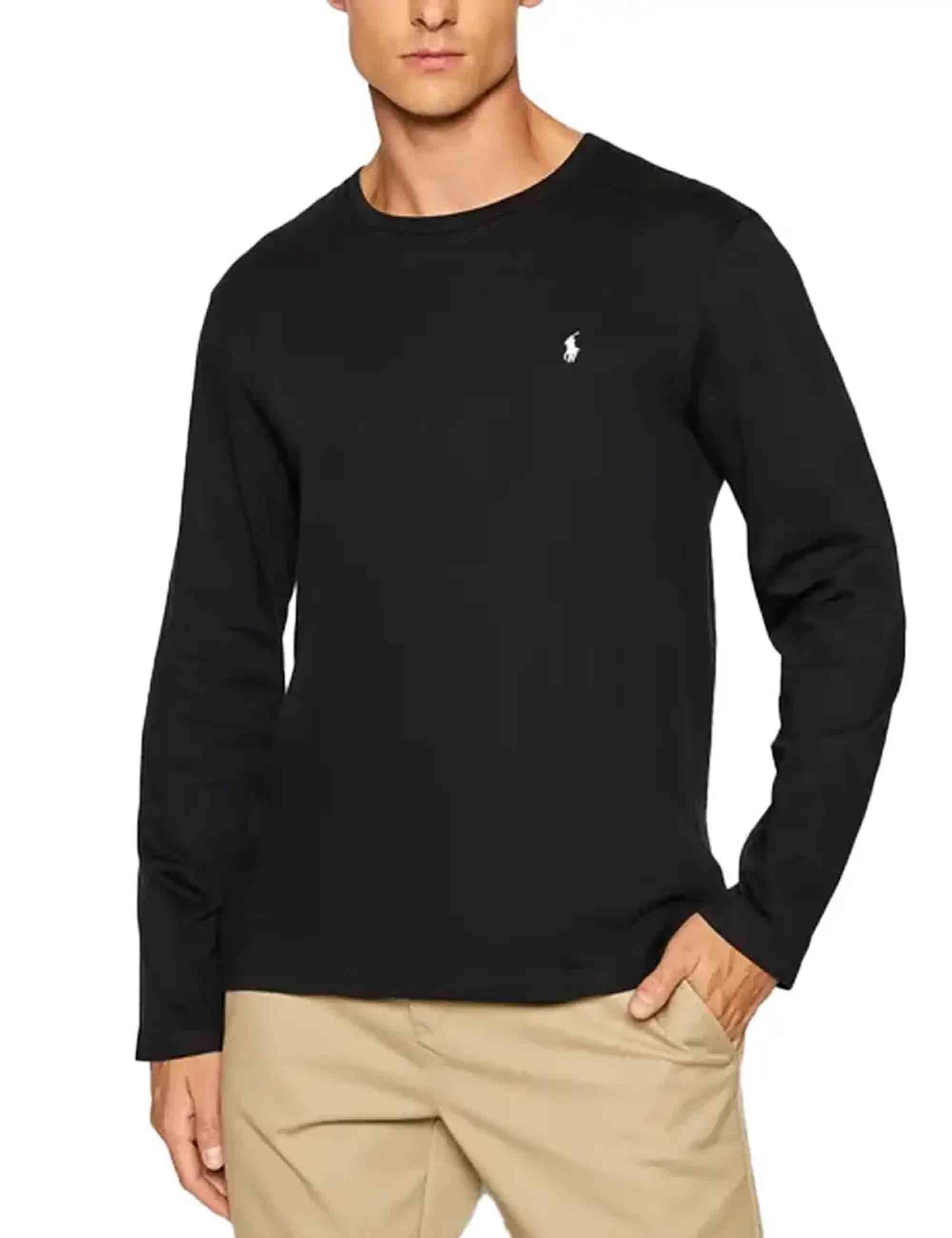 T-shirt uomo Crew in cotone nero con logo ricamato e maniche lunghe 714844759001 POLO BLACK Polo Ralph Lauren 