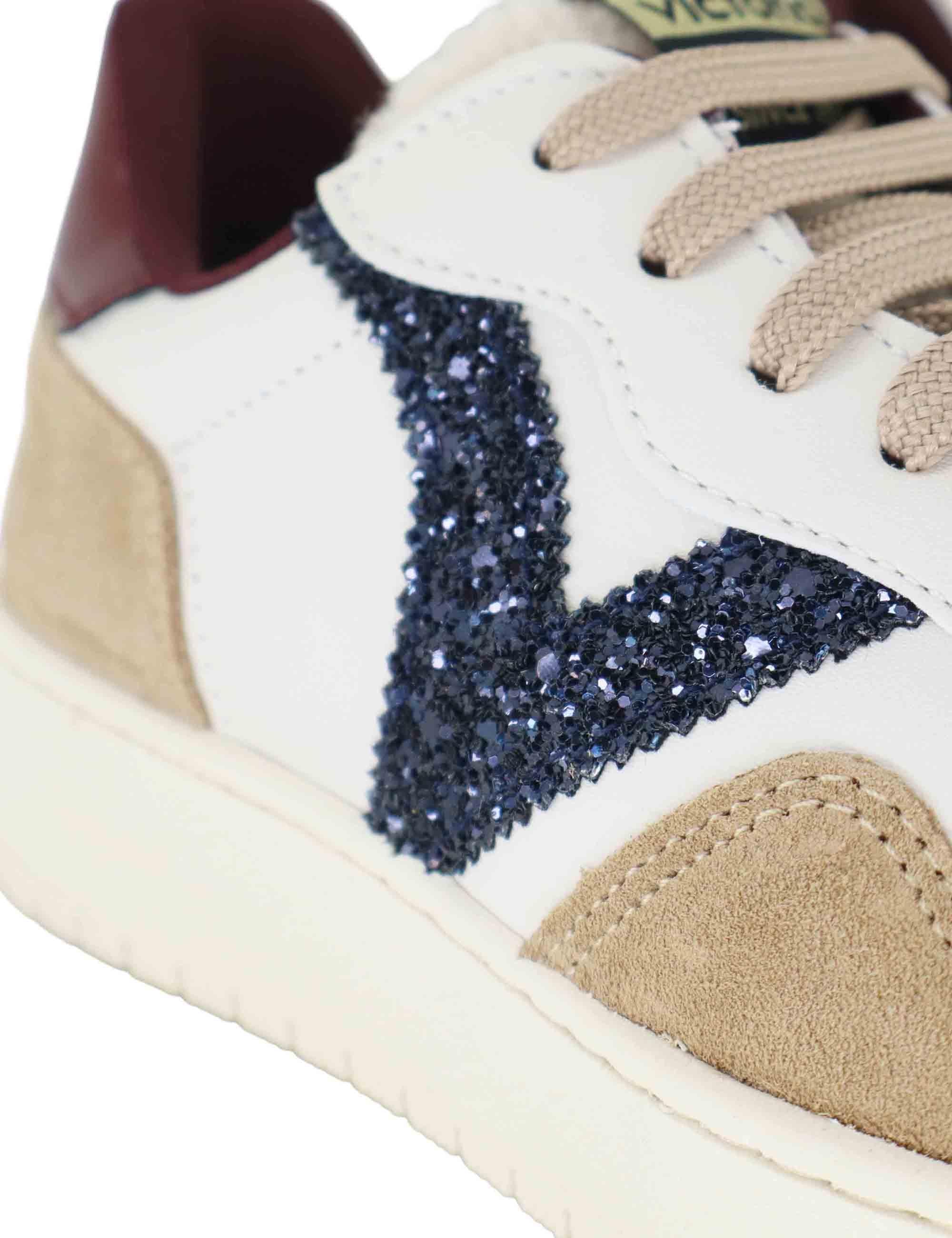 Sneakers donna in pelle bianca e camoscio con glitter 1258272 Beige Victoria 