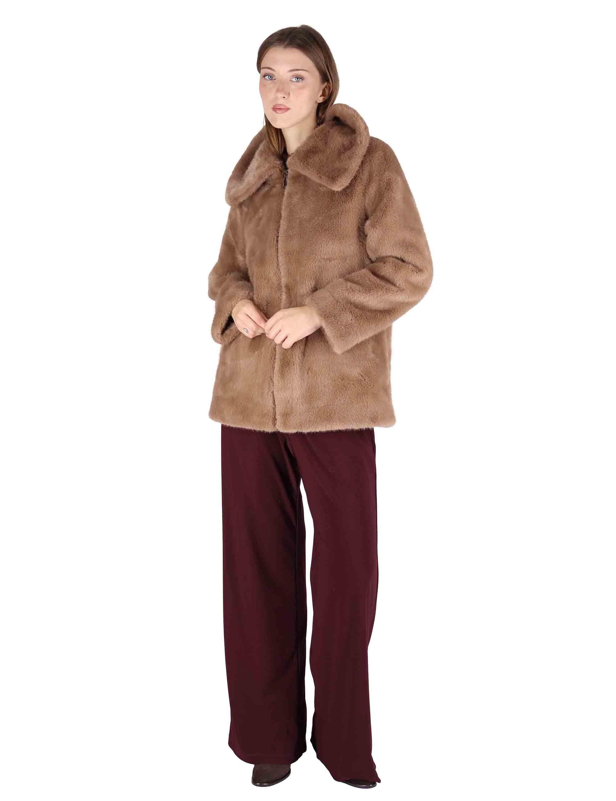 Giacche reversibili donna in eco fur marrone con zip SP25310 BROWN Spatarella 