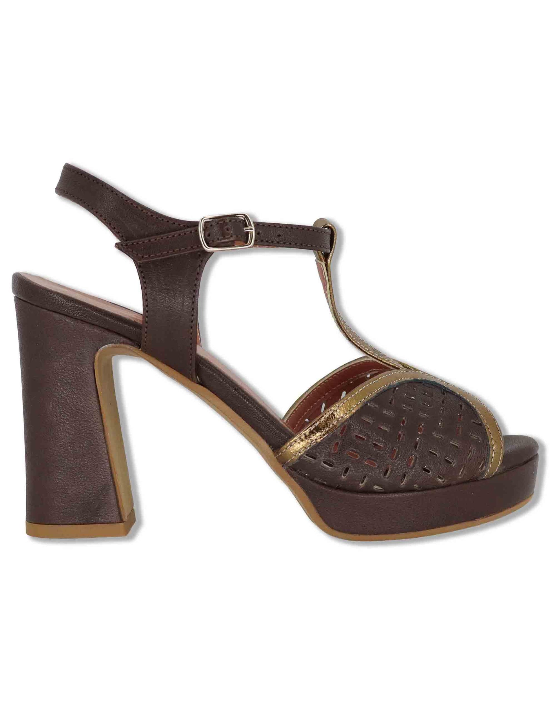 Sandali donna in pelle marrone e oro tacco alto e plateau con conturino 6267K 014 Les Venues 