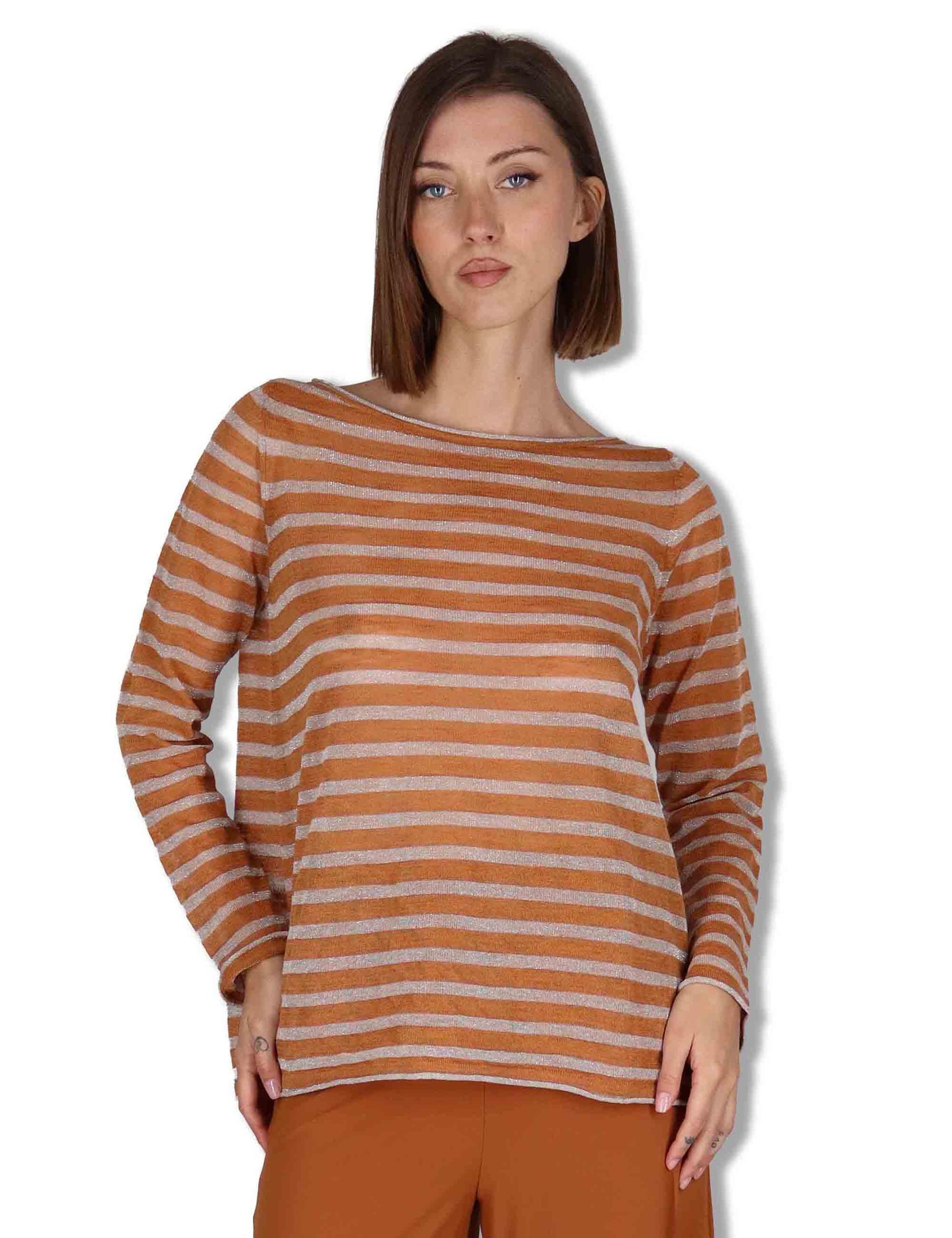 Maglie donna Summer Linen in misto lino cammello e beige a strisce JQ509178148 12B11 Maliparmi 