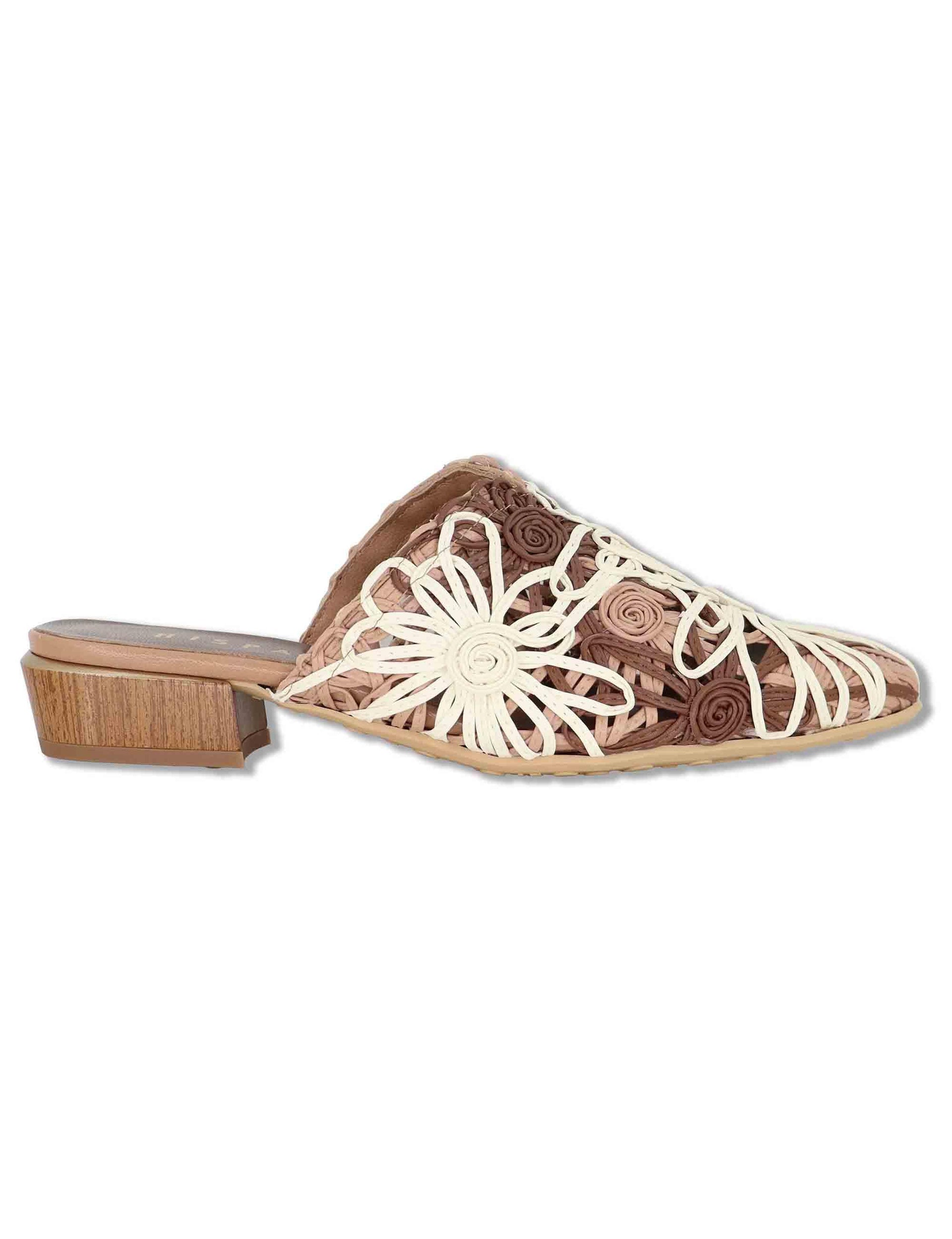 Mule donna in pelle marrone e naturale ricamato con tacco basso HV264840 NATURALES Hispanitas 