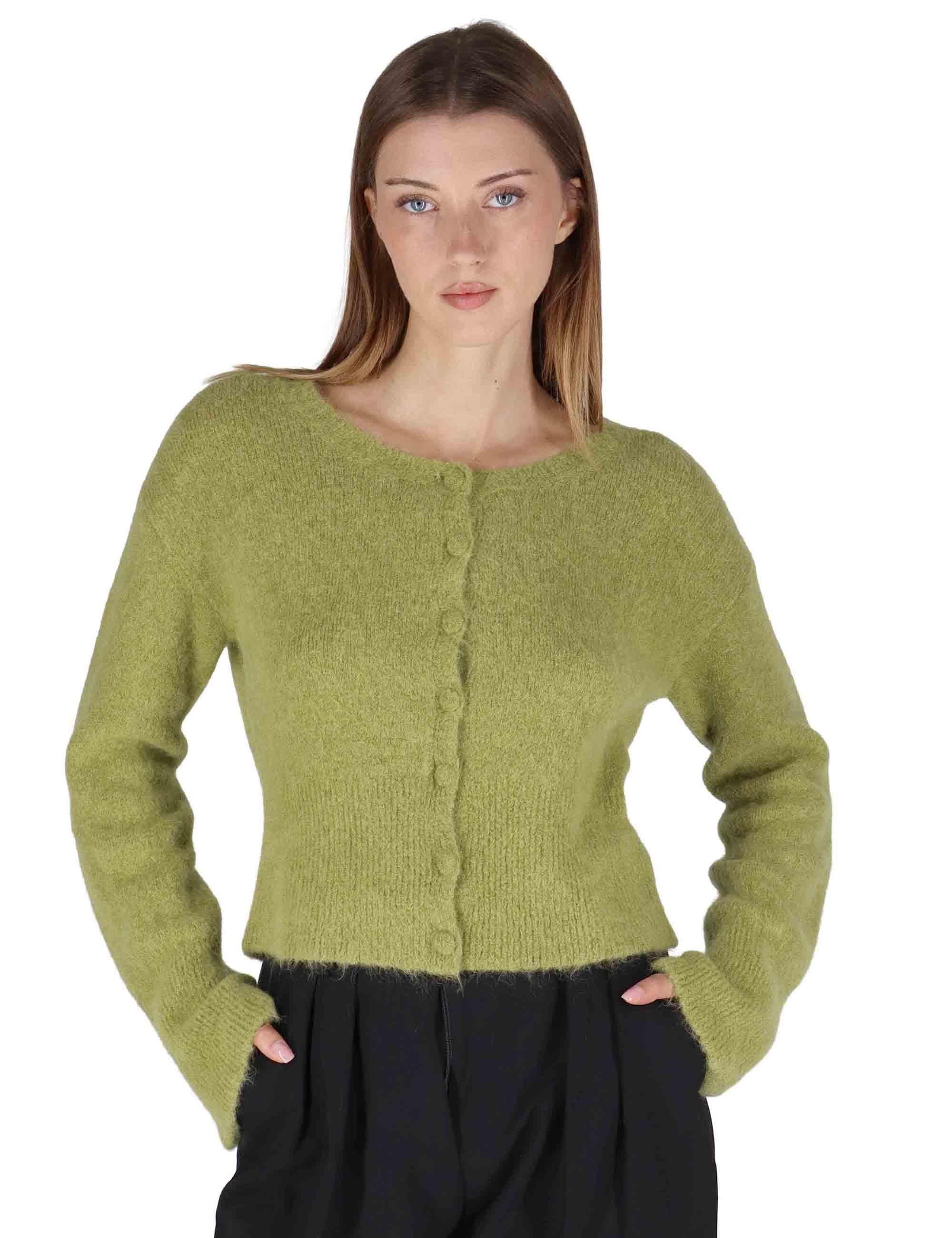 Cardigan donna in lana alpaca verde a girocollo con bottoni in tinta JABMF0025-G073 7013 Justmine 