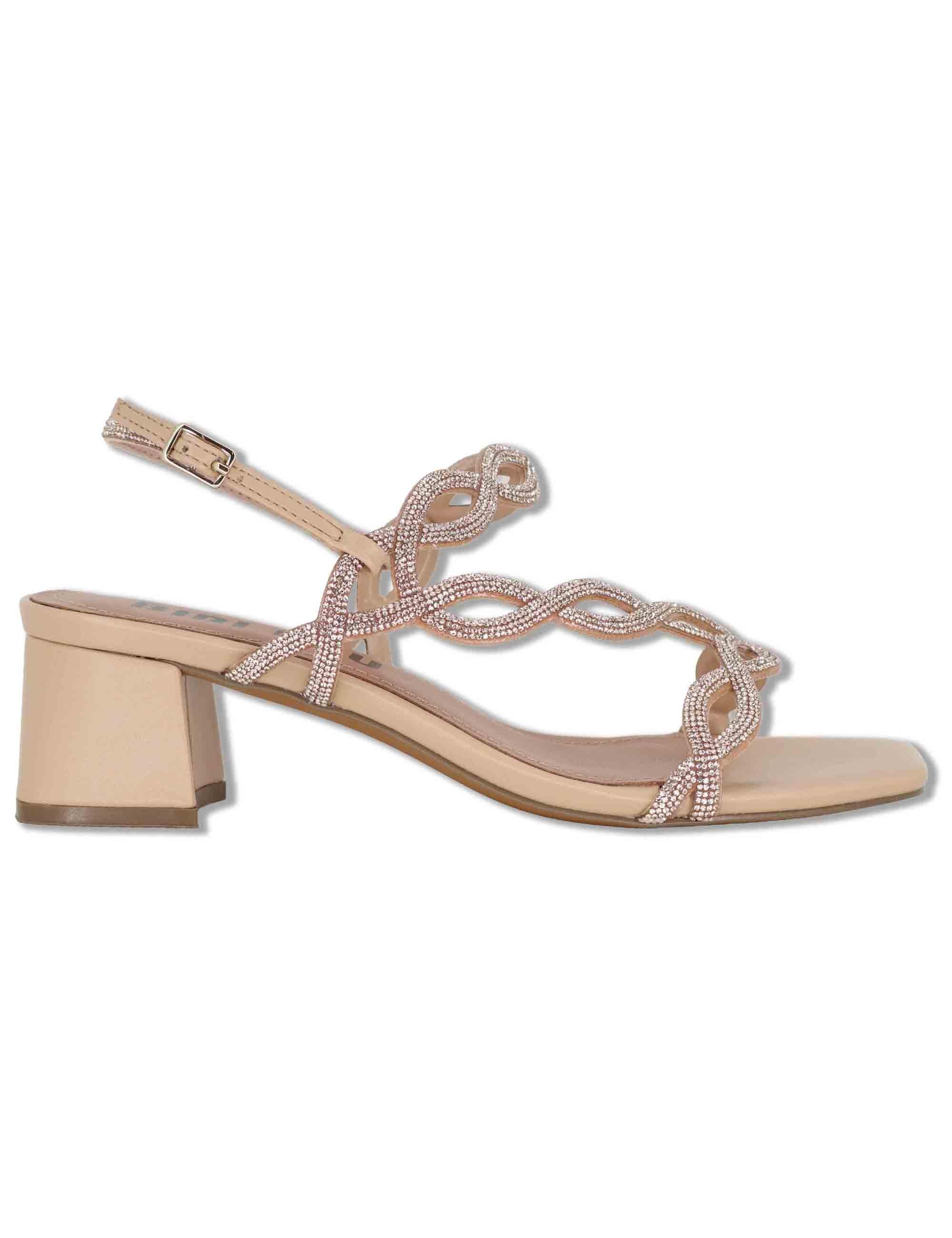 Sandali donna slingback in pelle e strass nude con tacco medio Dill 889Z00HG 47-NUDE Bibi Lou 