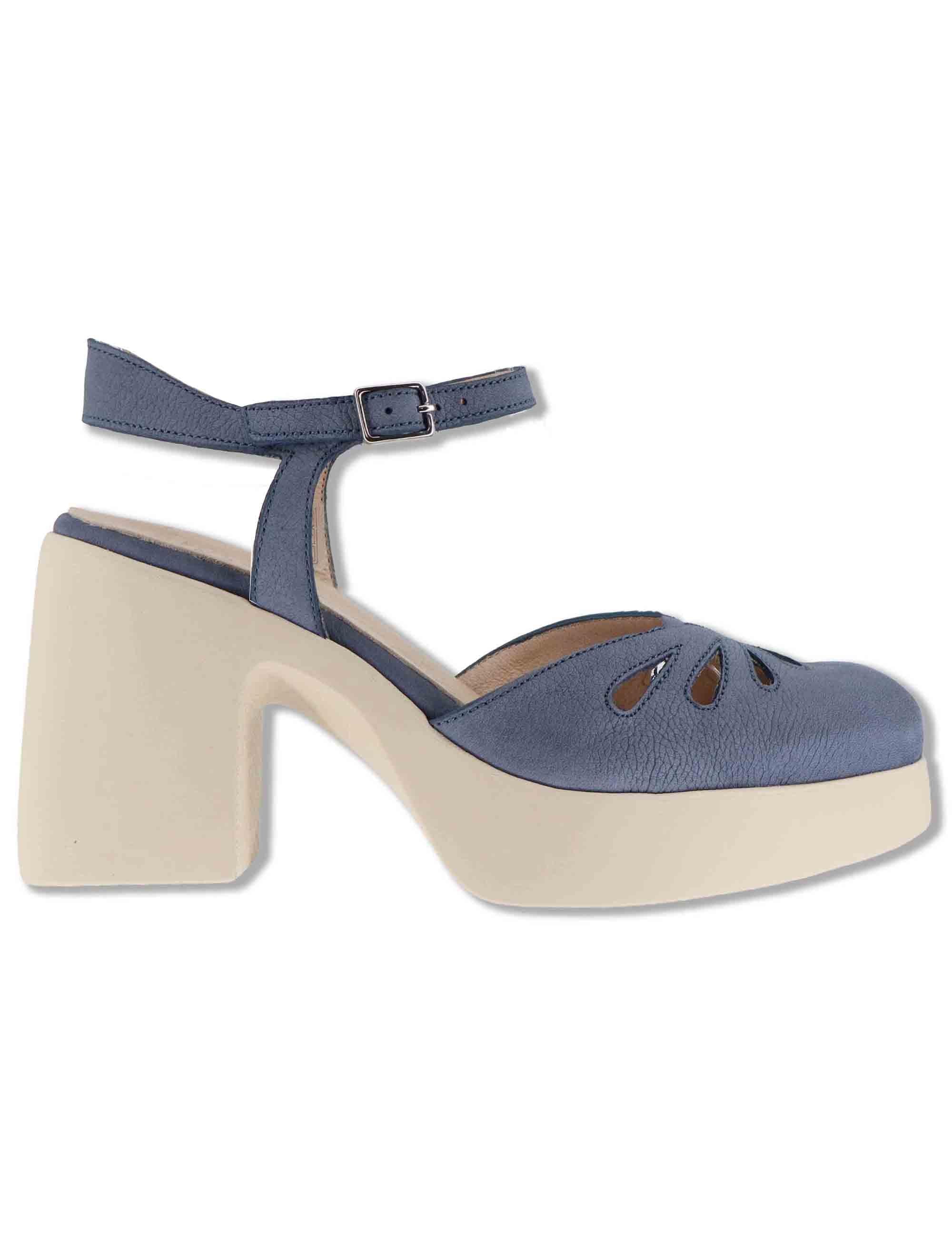 Sandali donna in pelle blu con cinturino alla caviglia e zeppa alta in gomma H-4991 002 Wonders 