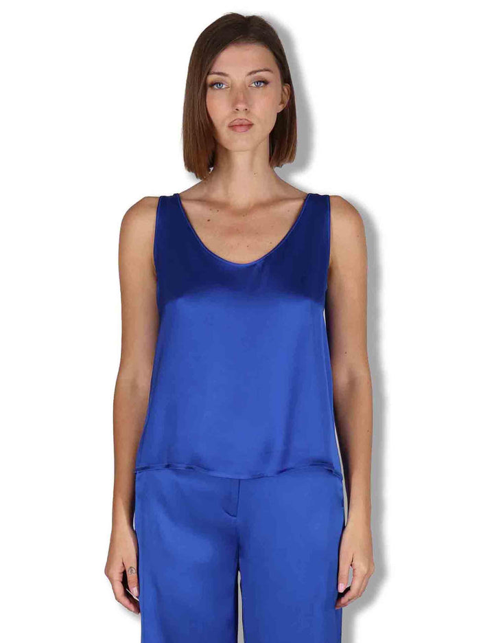 Top donna Shiny Cady in satin blu svasato con scollo posteriore JP556950631 80059 Maliparmi 