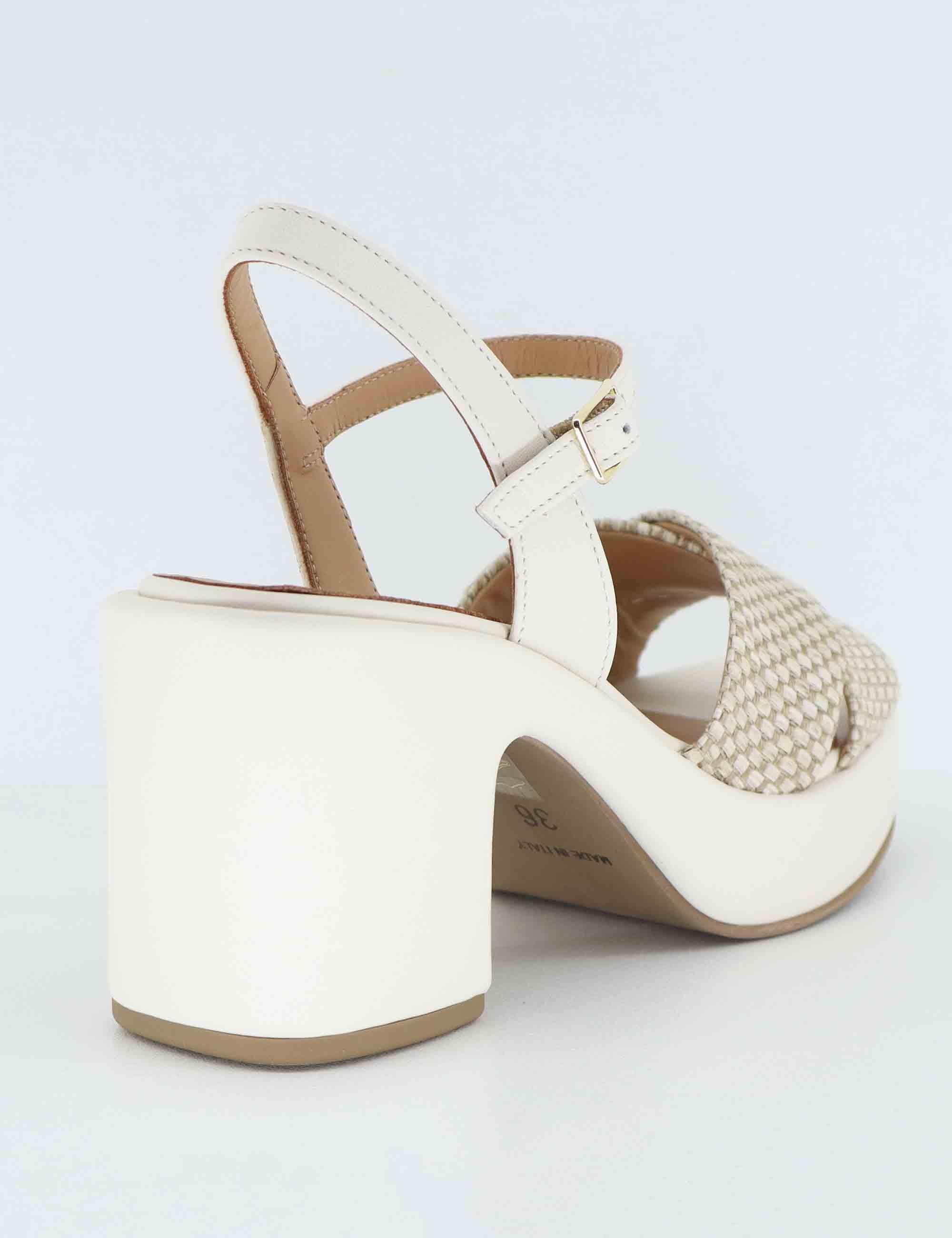 Sandali donna in pelle e tessuto off white con zeppa 2150 1 Gianmarco Sorelli 