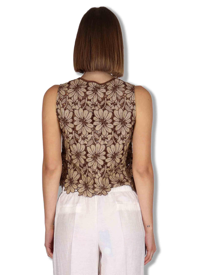 Gilet donna in macrame senape ricami floreali e nappine JABGI0001-F1504-1251 1226 Justmine 