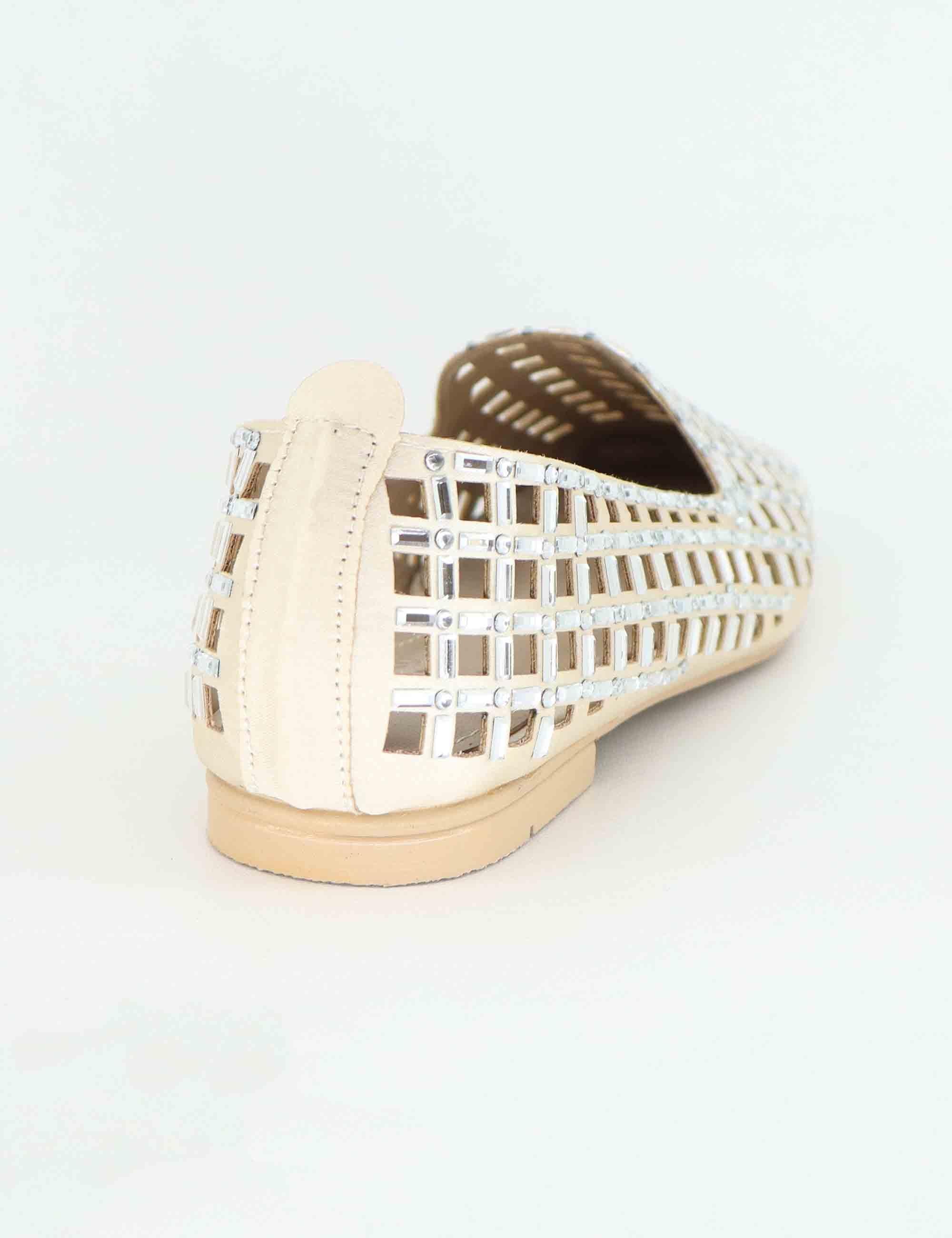 Mocassini donna in tessuto beige con strass U128B09014C6 SMP09 Exe 