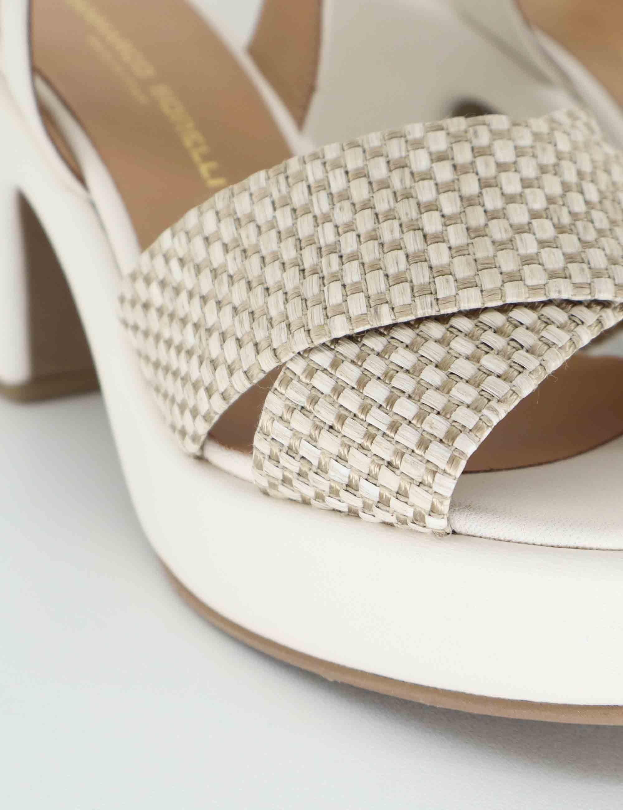 Sandali donna in pelle e tessuto off white con zeppa 2150 1 Gianmarco Sorelli 