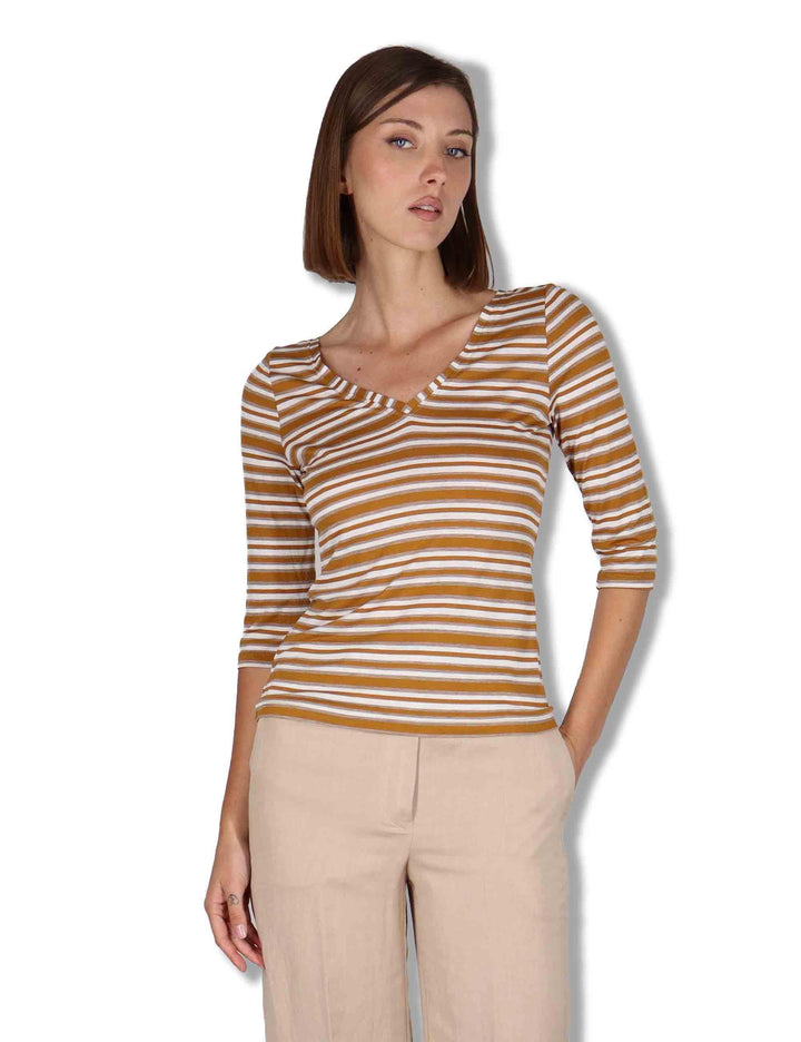 T-shirt donna Summer Stripes in misto seta marrone con maniche a 3/4 JK025270676 41B11 Maliparmi 