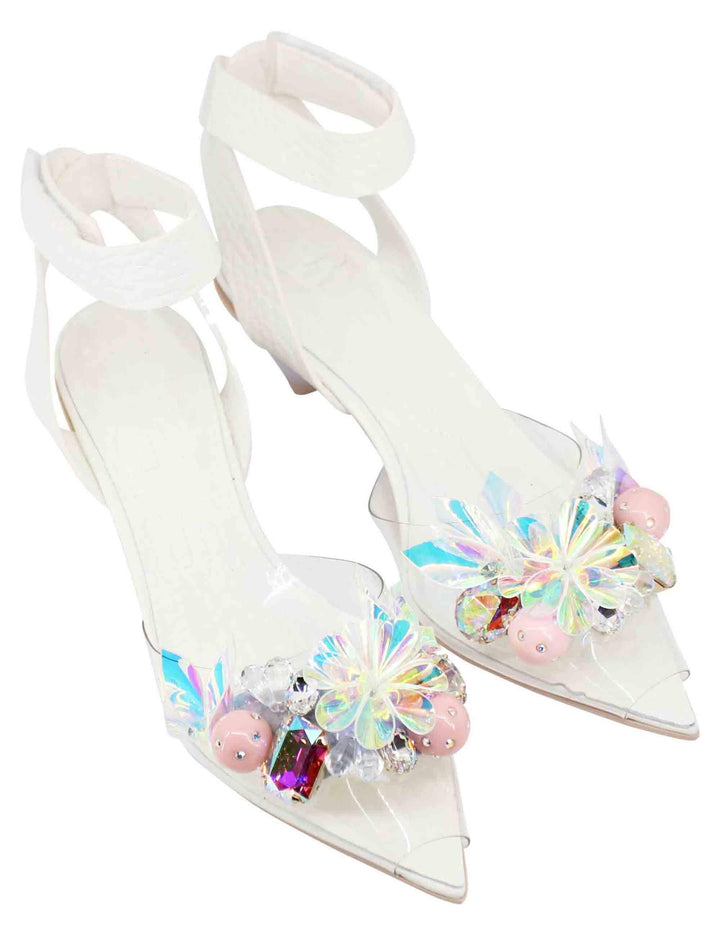 Sandali donna in pelle bianca con cinturino alla caviglia e accessori luminosi 7600 100 Ras 