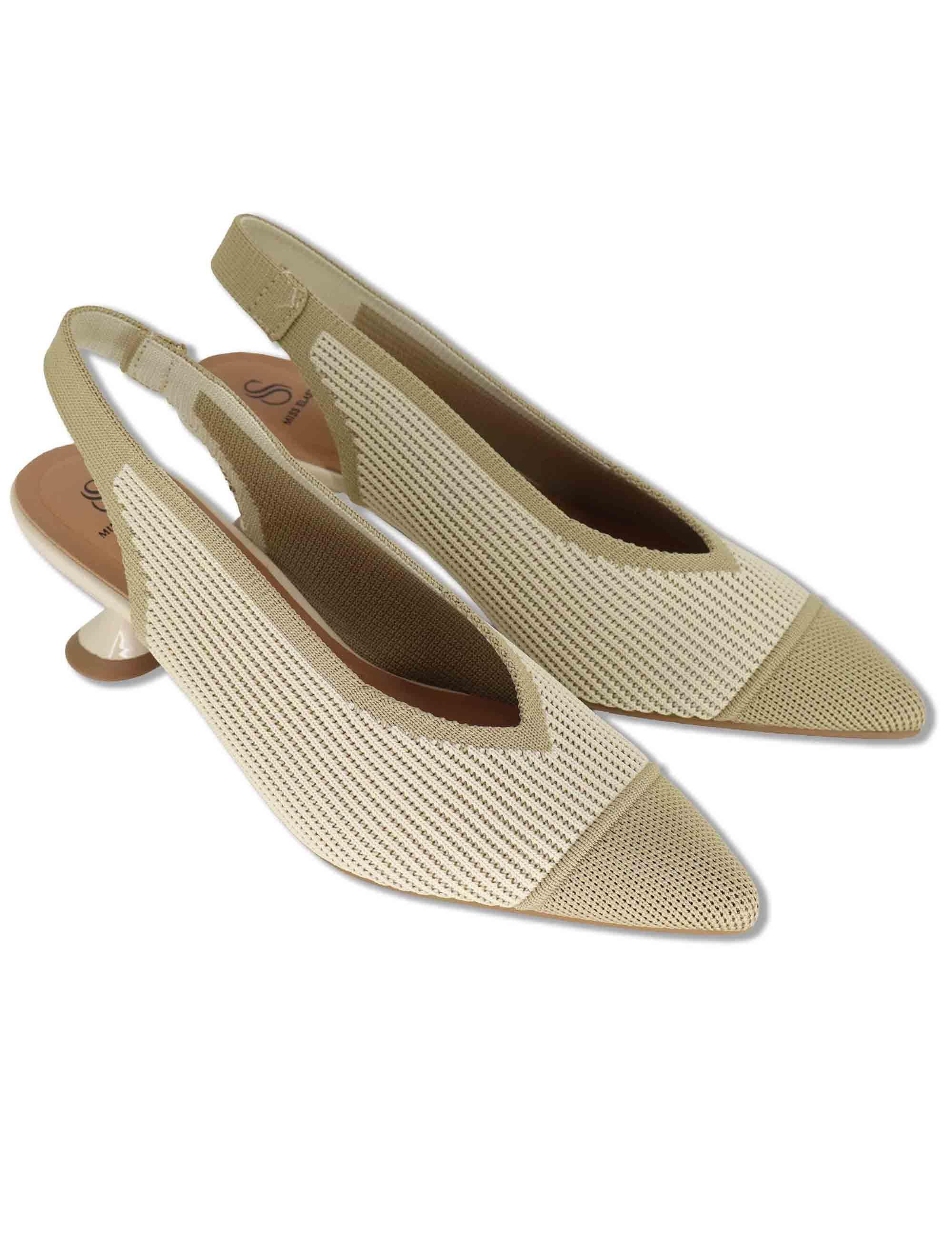 Slingback donna in tessuto beige con tacco basso e punta a punta 76535 65-3V Miss Elastic 