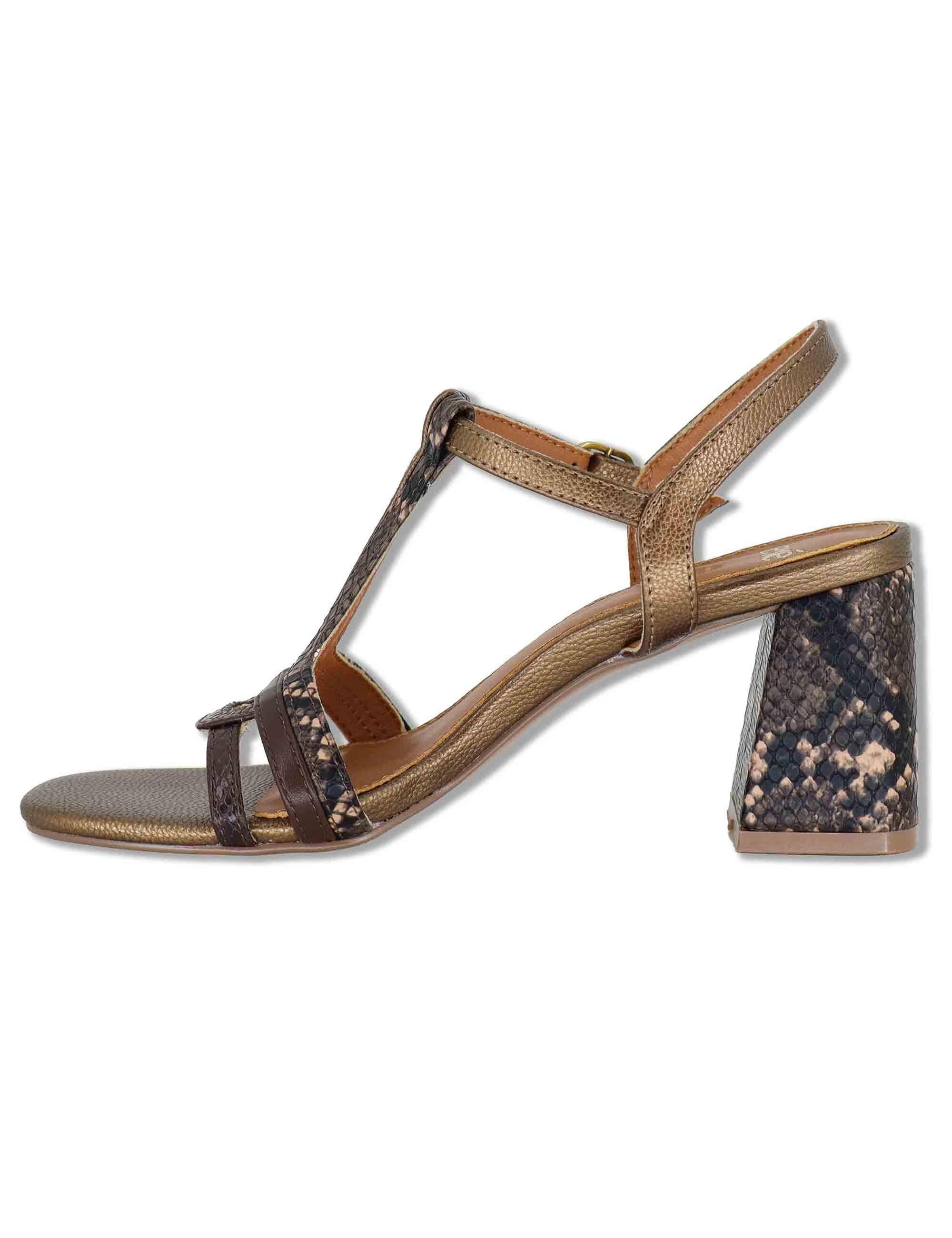 Sandali donna in tessuto stampato bronzo con tacco alto e conturino alla caviglia COCO-920 H282 Exe 